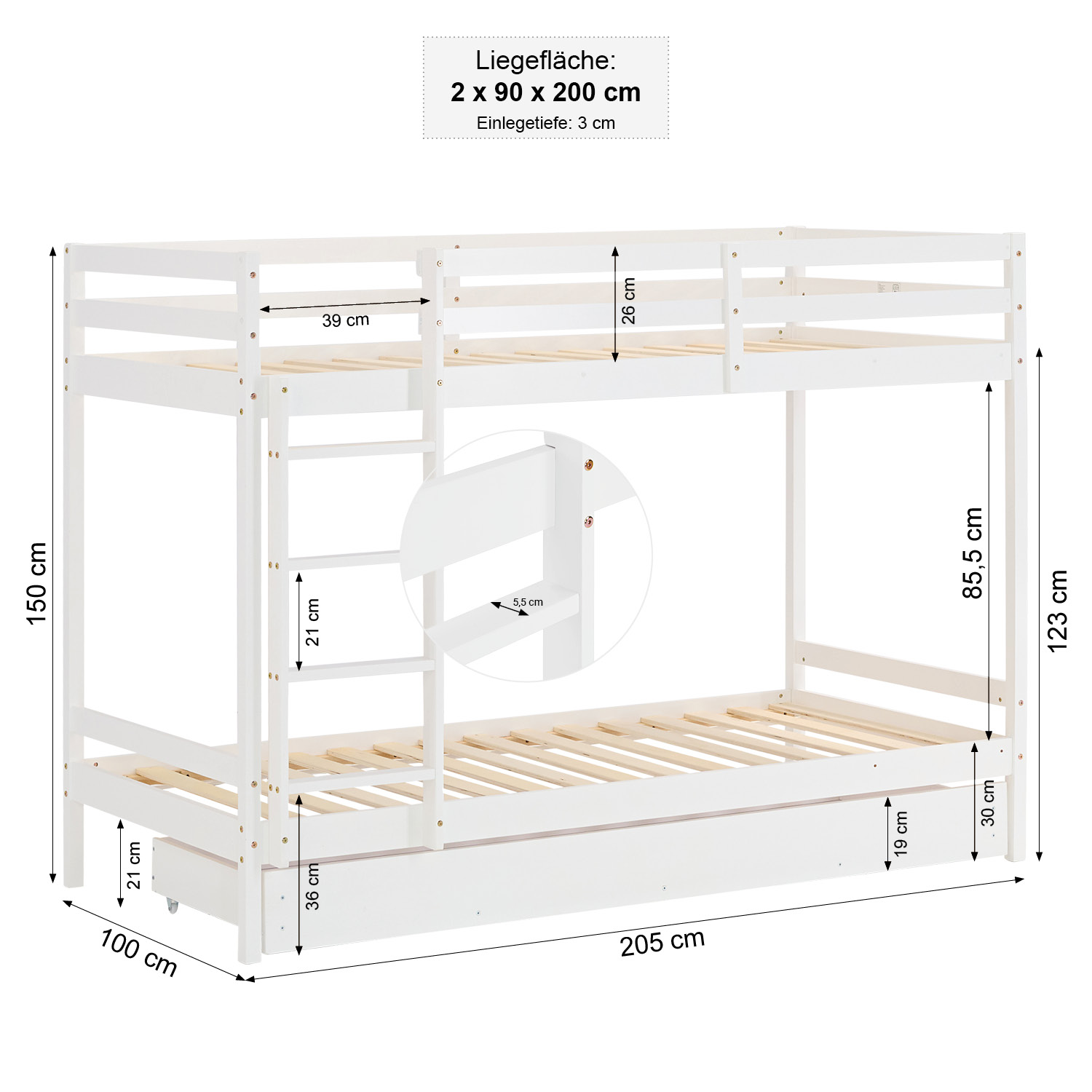 Bunk Bed 90x200 cm White | with Bed Drawer | with Slatted Frame