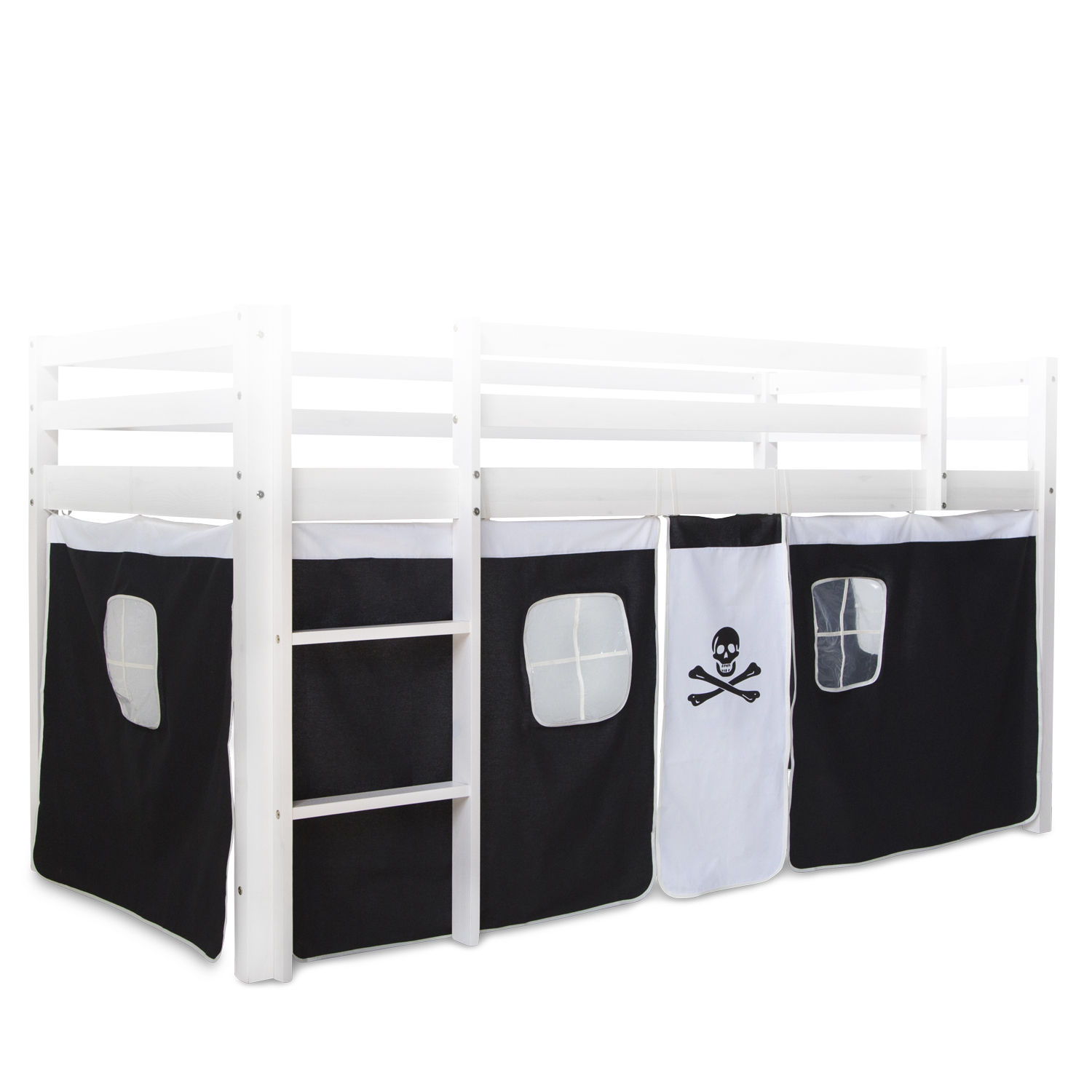 Bettvorhang in Schwarz mit Baumwollstoff. Der Bettvorhang ist als Anwendungsbild an einem weißen Hochbett vor weißem Hintergrund abgebildet. Die Stoffflächen unter der Liegefläche, die Fensteröffnungen und die seitliche Leiter sind sichtbar.