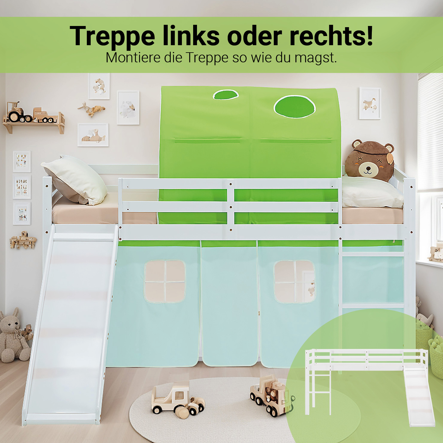 Loft Bed for Kids 90x200 cm White with Curtain & Tunnel in Green | Slide | with Slatted Frame and Mattress