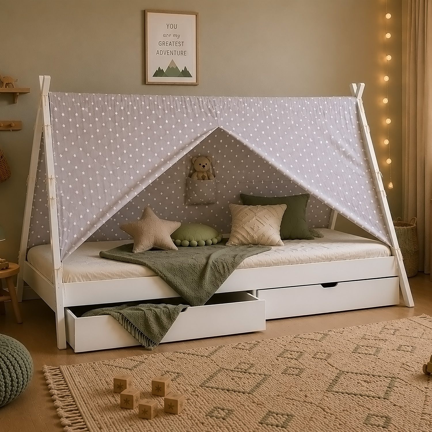 Children's Bed 90x200 cm White Gray Fabric | Tent Bed with Drawers | Single Bed | with Slatted Frame | Wood