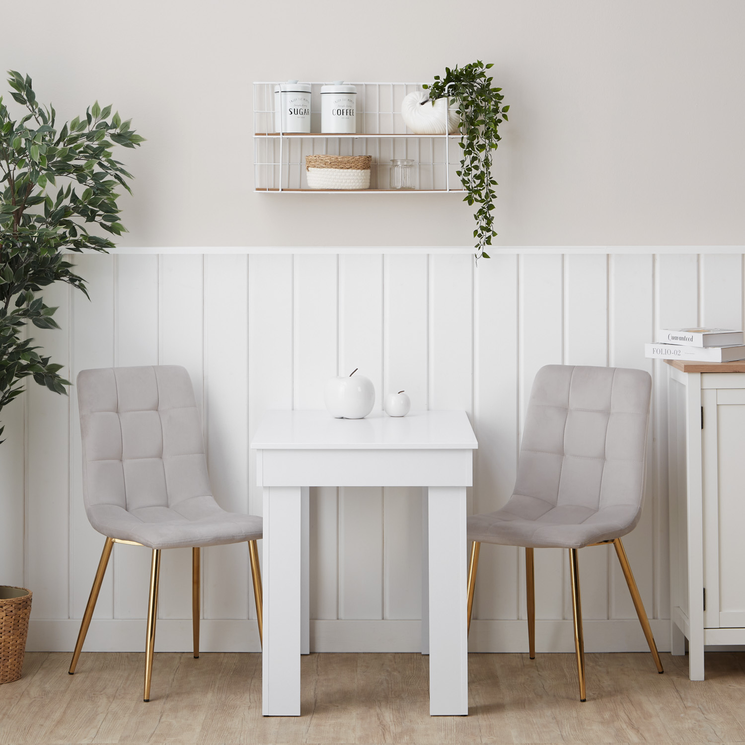 Dining Set (2-Piece): White dining table (90x60 cm) with 2 light gray velvet-upholstered chairs and gold metal legs