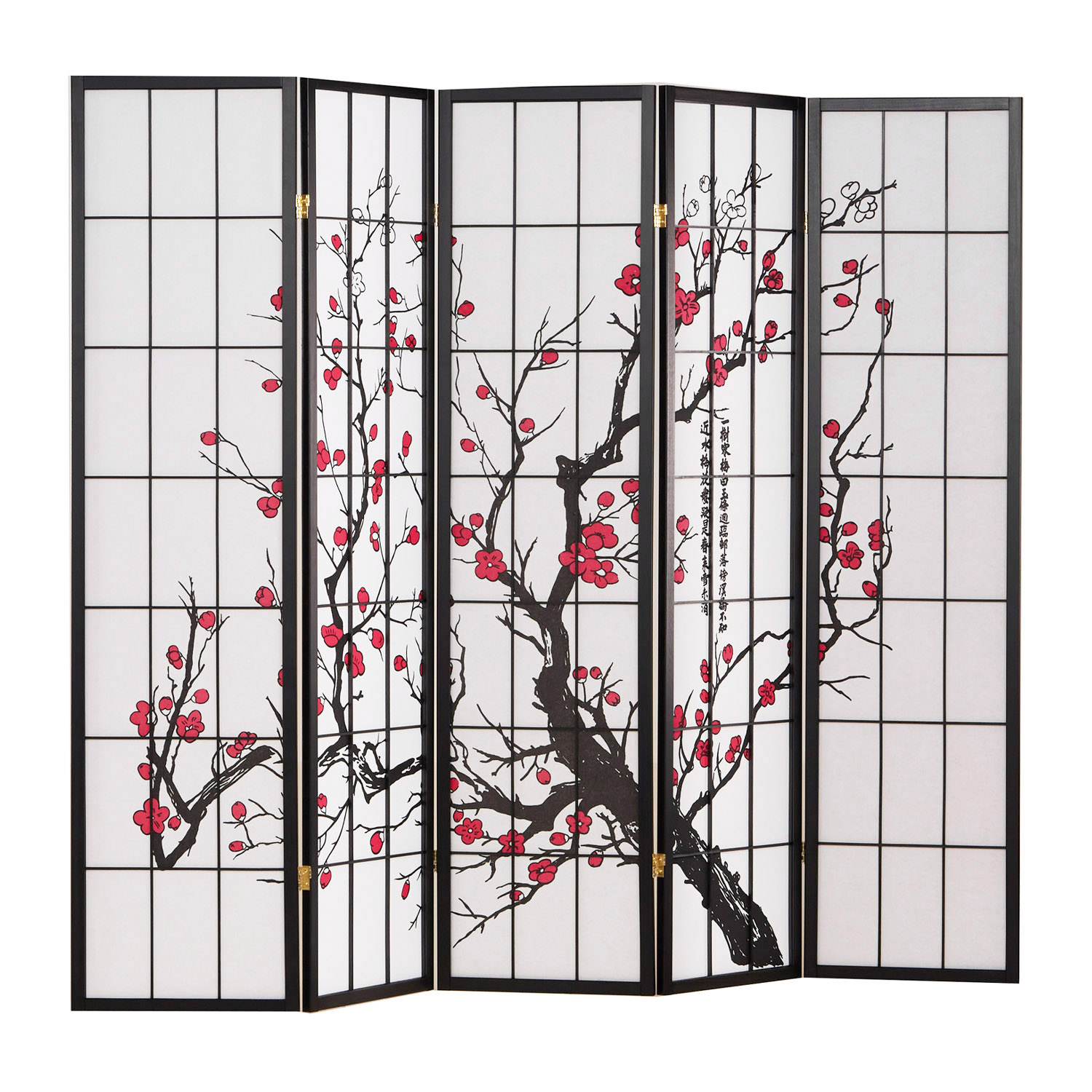 Paravent Black Cherry Pattern | Rice Paper White | 5-panel | Wood | Room Divider Partition Privacy Screen