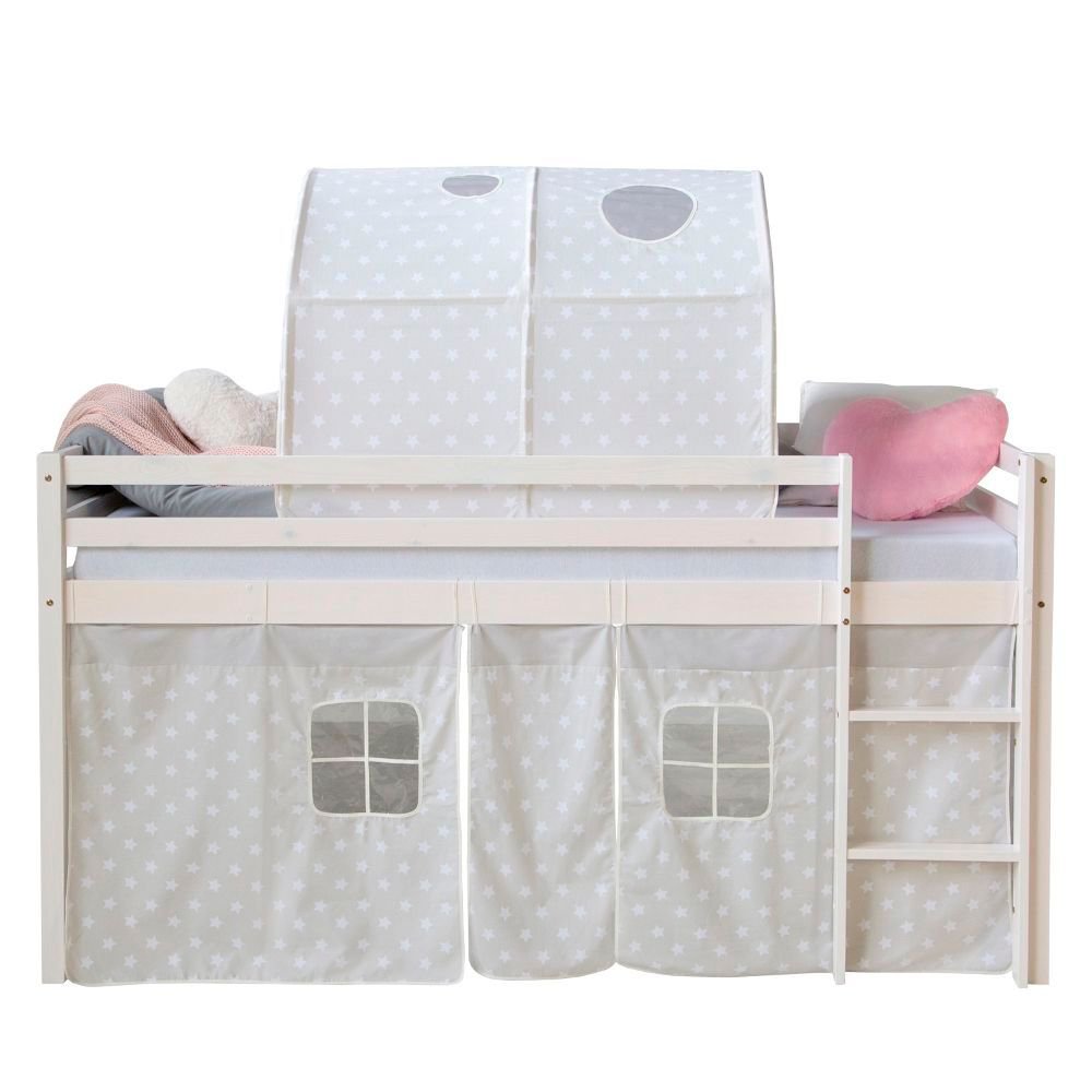 Loft Bed Kids 90x200 cm White with Curtain Stars | Tunnel | without Slatted Frame