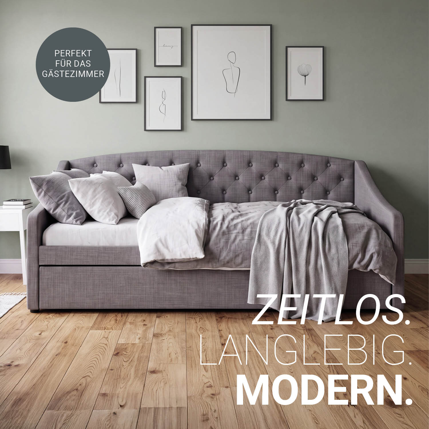Upholstered Bed 90x200 cm Gray with Storage – Daybed & Pull-Out Guest Bed