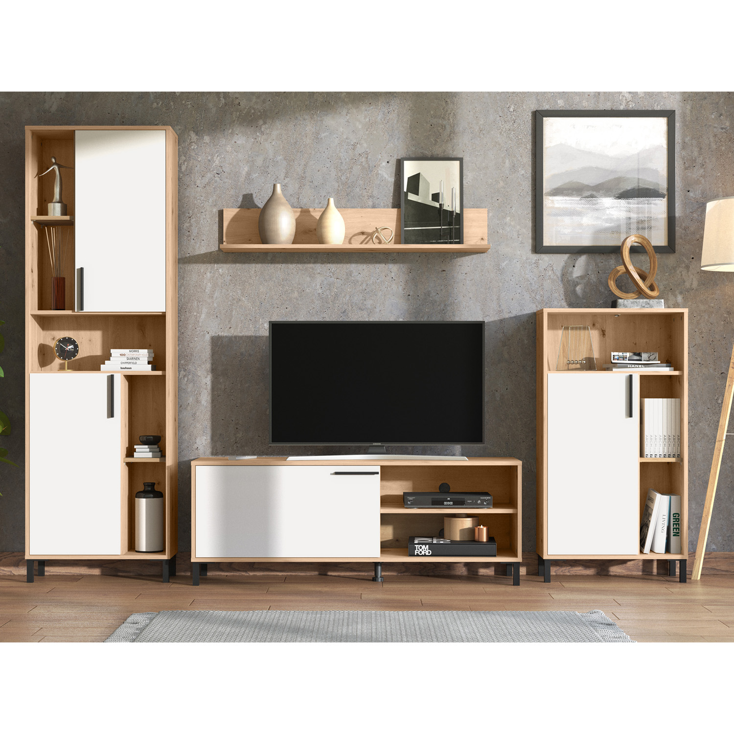 Modern living room unit 4 part cupboard set white grey wall unit wood oak TV set with storage entertainment center