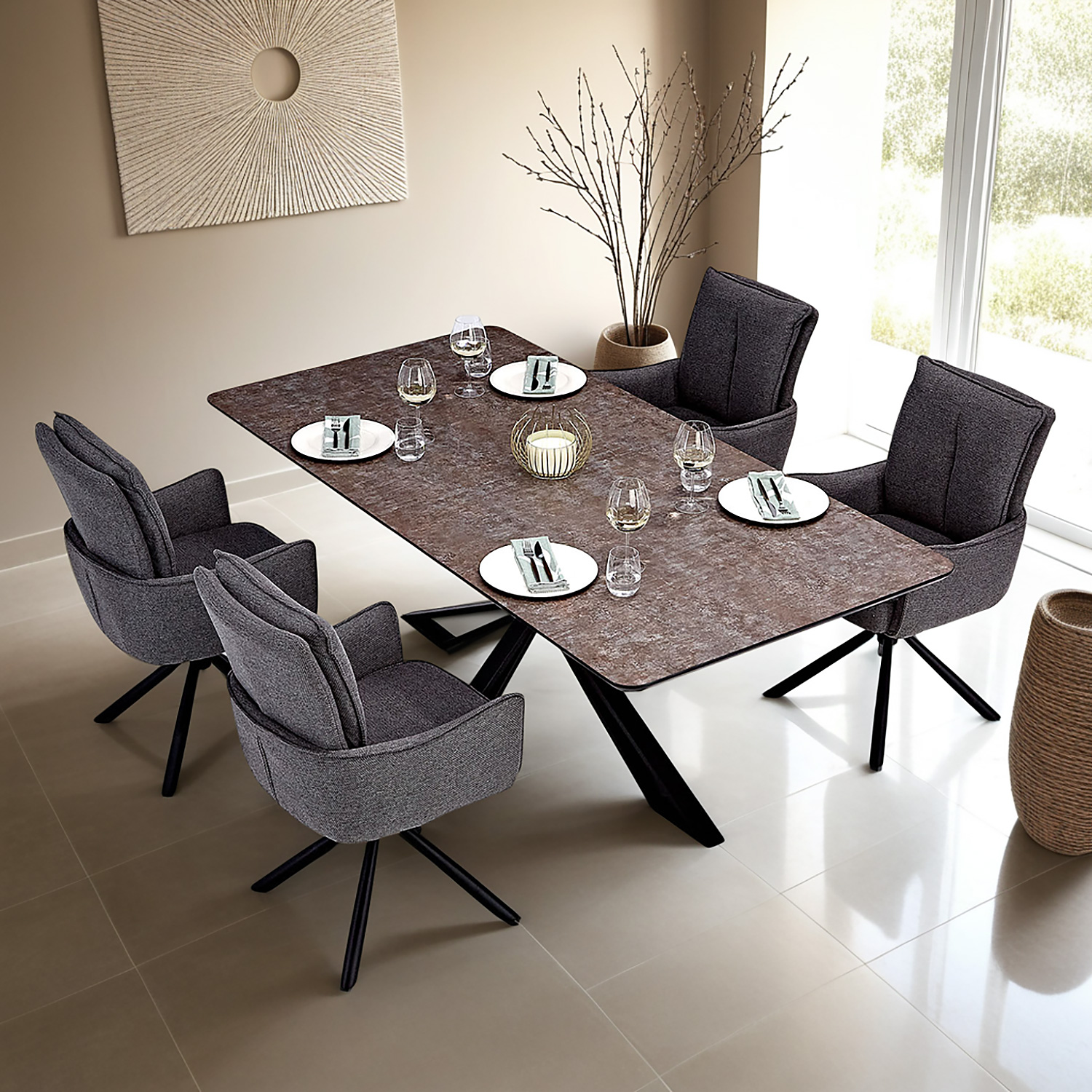 Dining set | 4-piece set upholstered chairs anthracite with armrest | swivel | dining table brown metal frame 200 x 100 cm