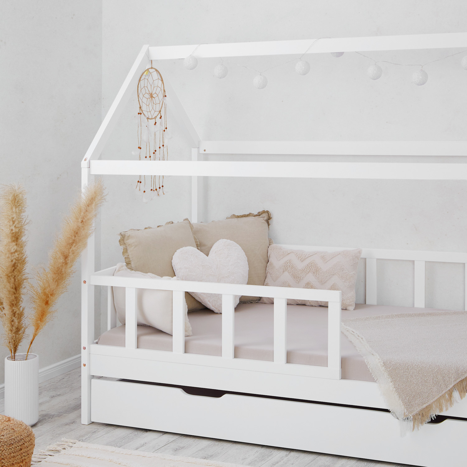 Children's Bed 90x200 cm White | House Bed with Fall Protection and Bed Drawer | Montessori | Single Bed | with Slatted Frame | Wood