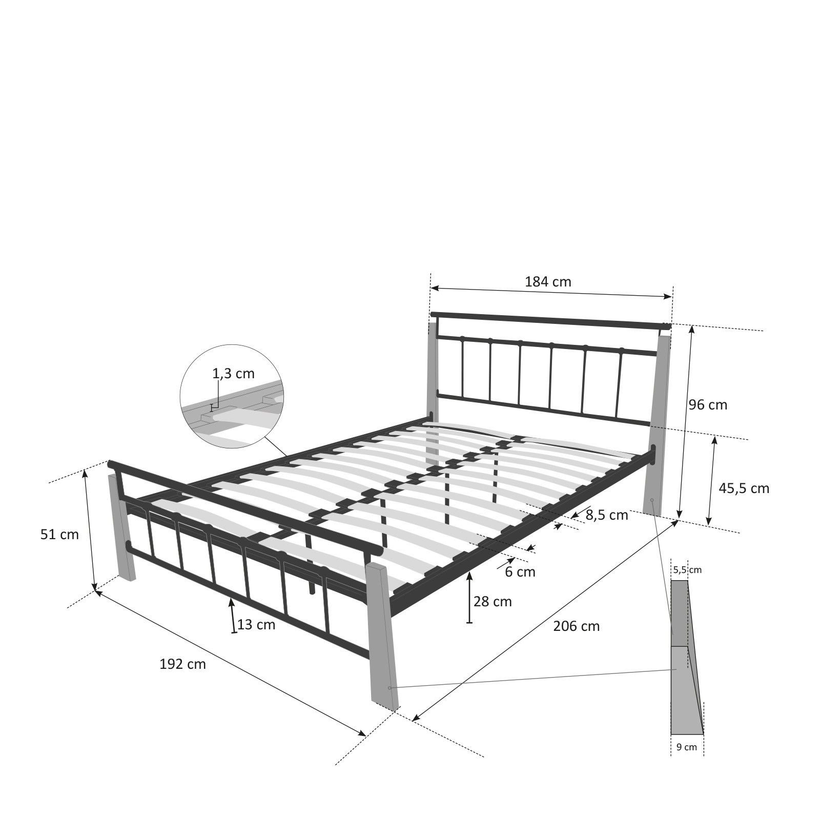 Metal Bed Iron Bed Double 180 x 200 Wood Slatted black natural bed frame 5072