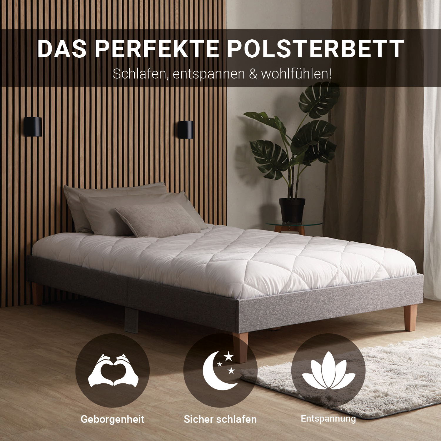 Upholstered Bed 120x200 cm Gray – Futon Bed with Slatted Base & Mattress | Modern Fabric Bed