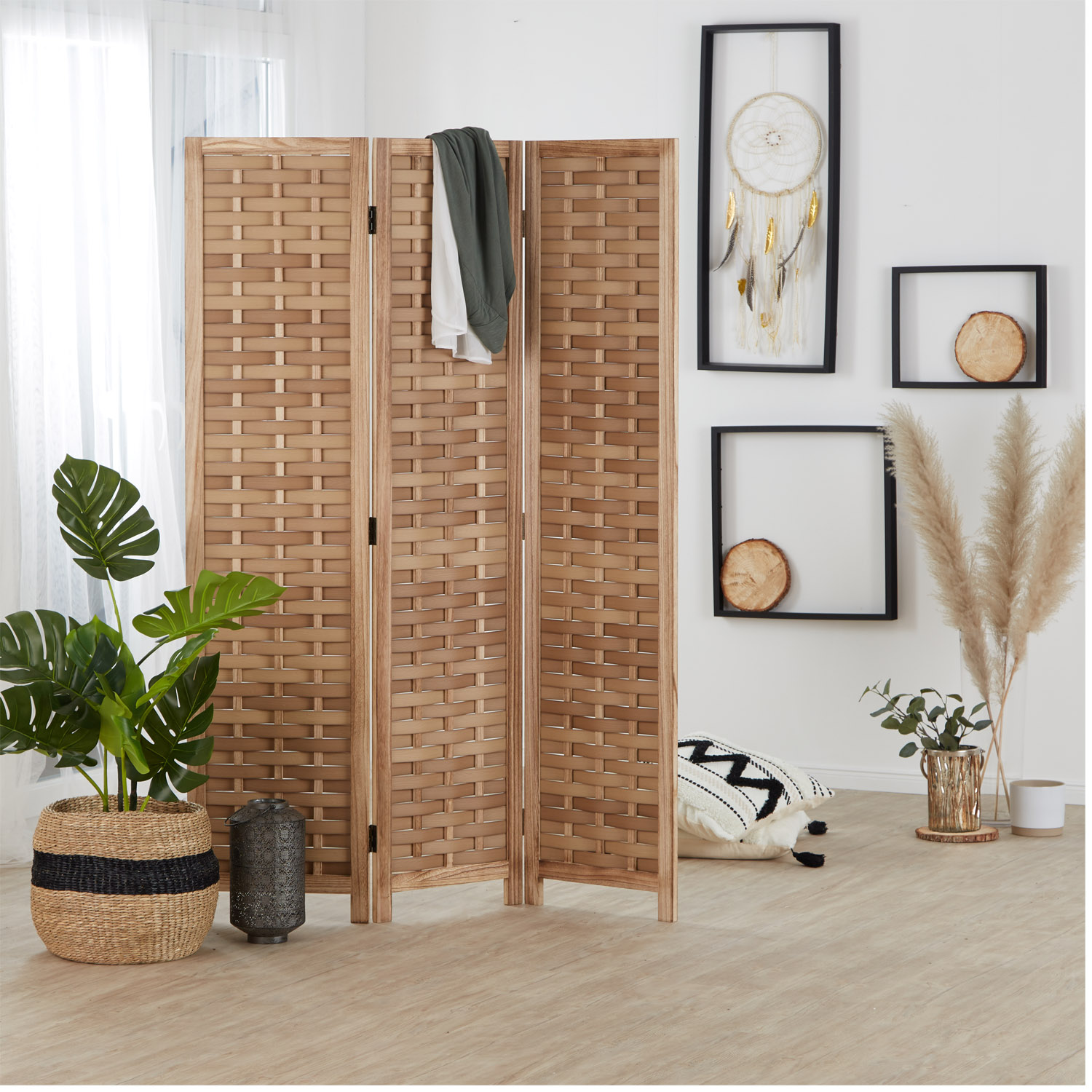 Room Divider 3 Piece White Natural Brown Wood Partition Screen Separation Rattan Vintage