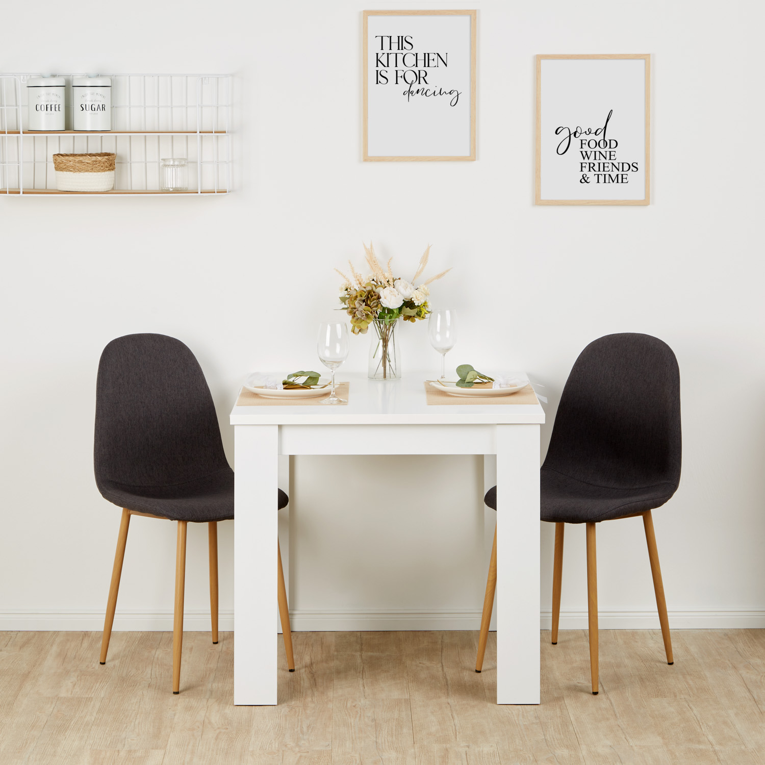 Essgruppe Weiß 80x80 cm mit 2 Stühlen anthrazit – modern & platzsparend