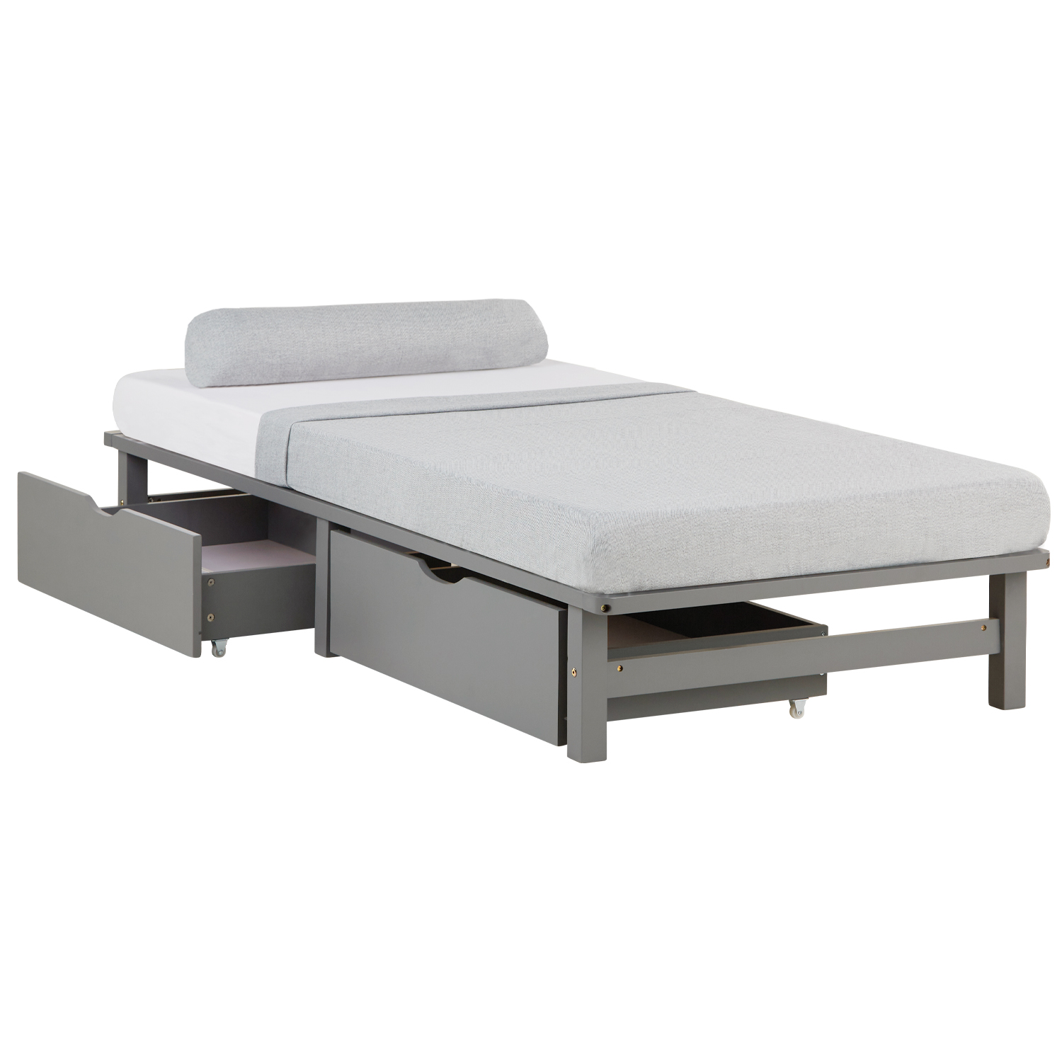Pallet Bed 90x200 cm Gray with Drawers & Slatted Base – Solid Wood Single Bed with Storage