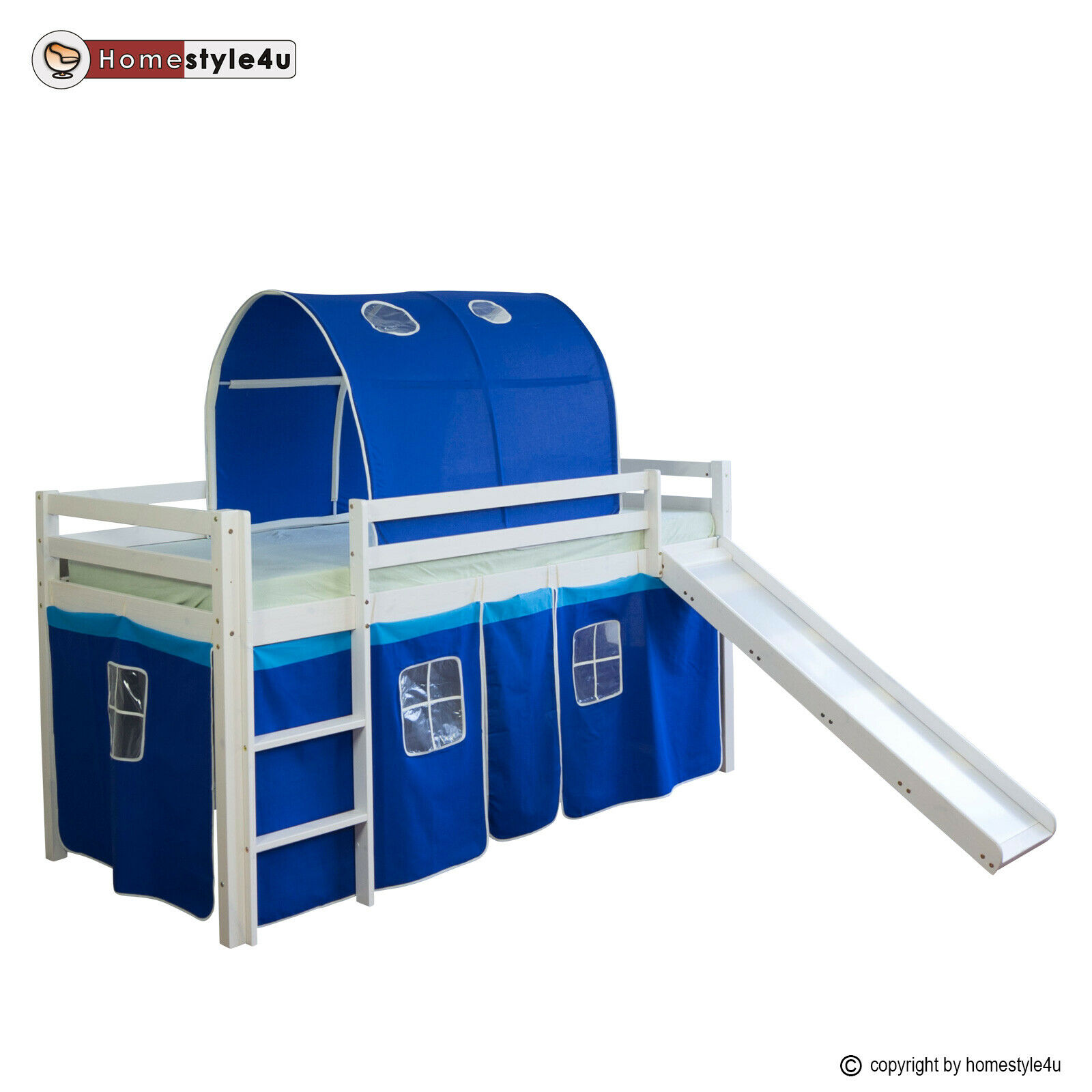 Loft Bed Kids 90x200 cm White with Curtain in Blue | Tunnel | Slide | without Slatted Frame Loft Bed Kids 90x200 cm White with Curtain in Blue | Tunnel | Slide | without Slatted Frame