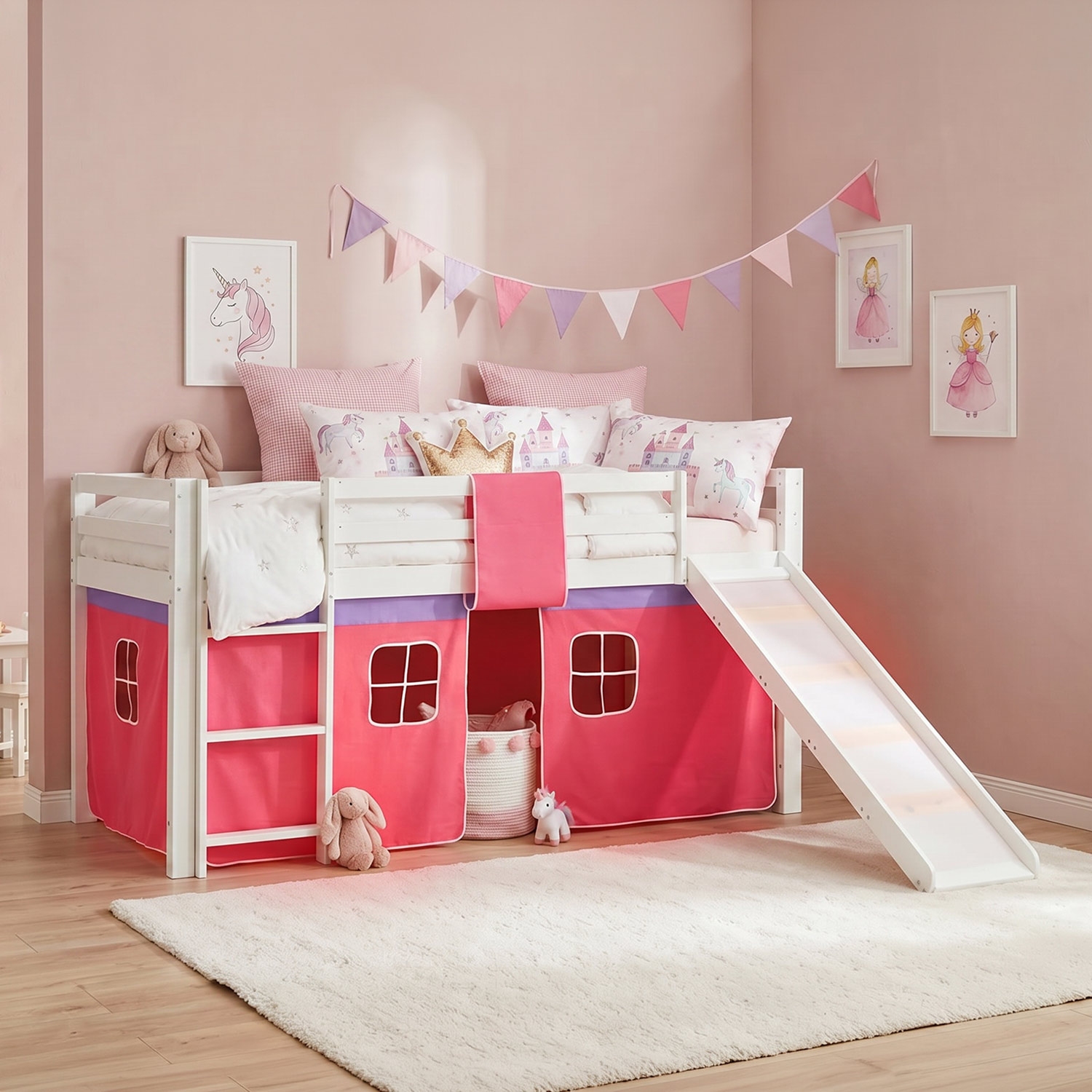 Children's Loft Bed 90x200 cm, White with Pink Curtain | Slide | Includes Slatted Base