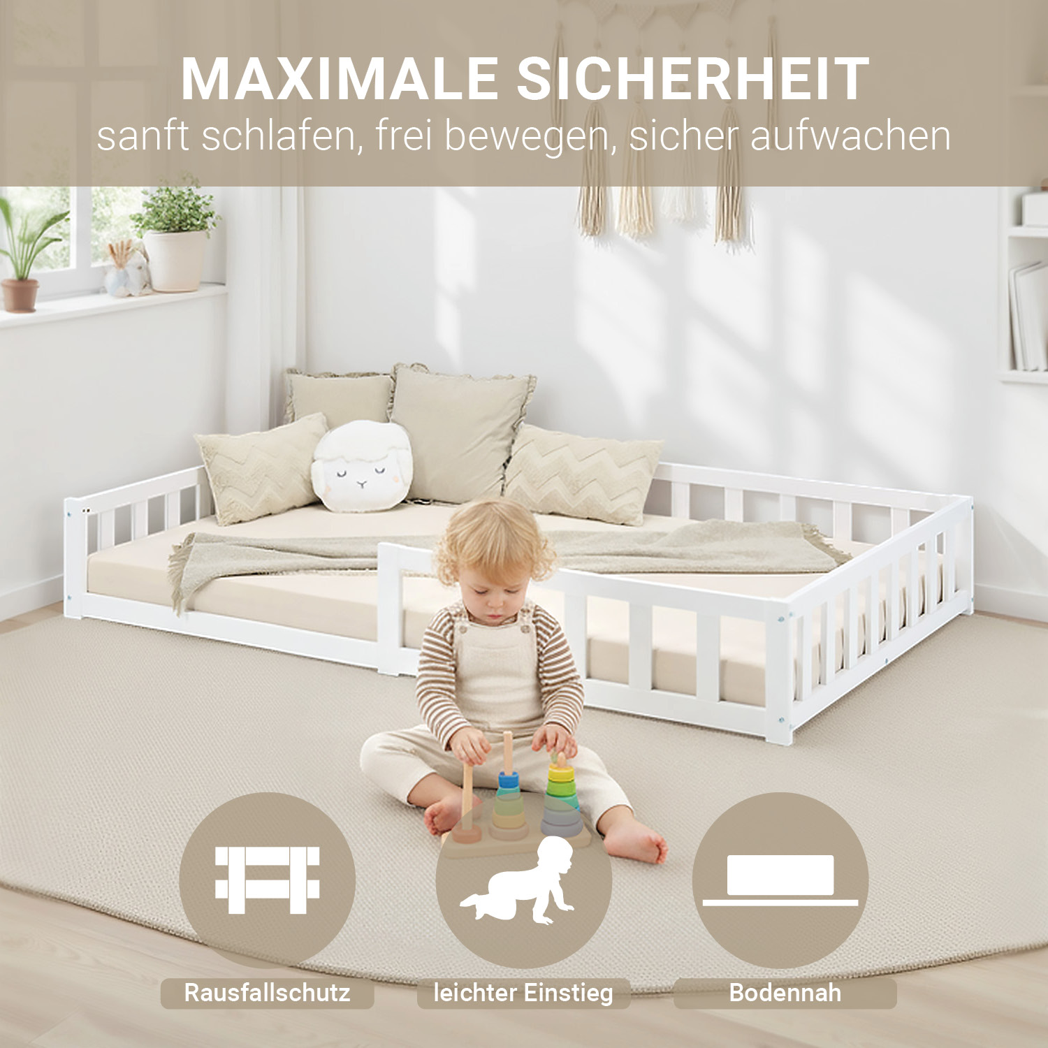 Children's Bed 120x200 White | Floor Bed with Mattress & Slatted Frame | with Fall Protection | Montessori