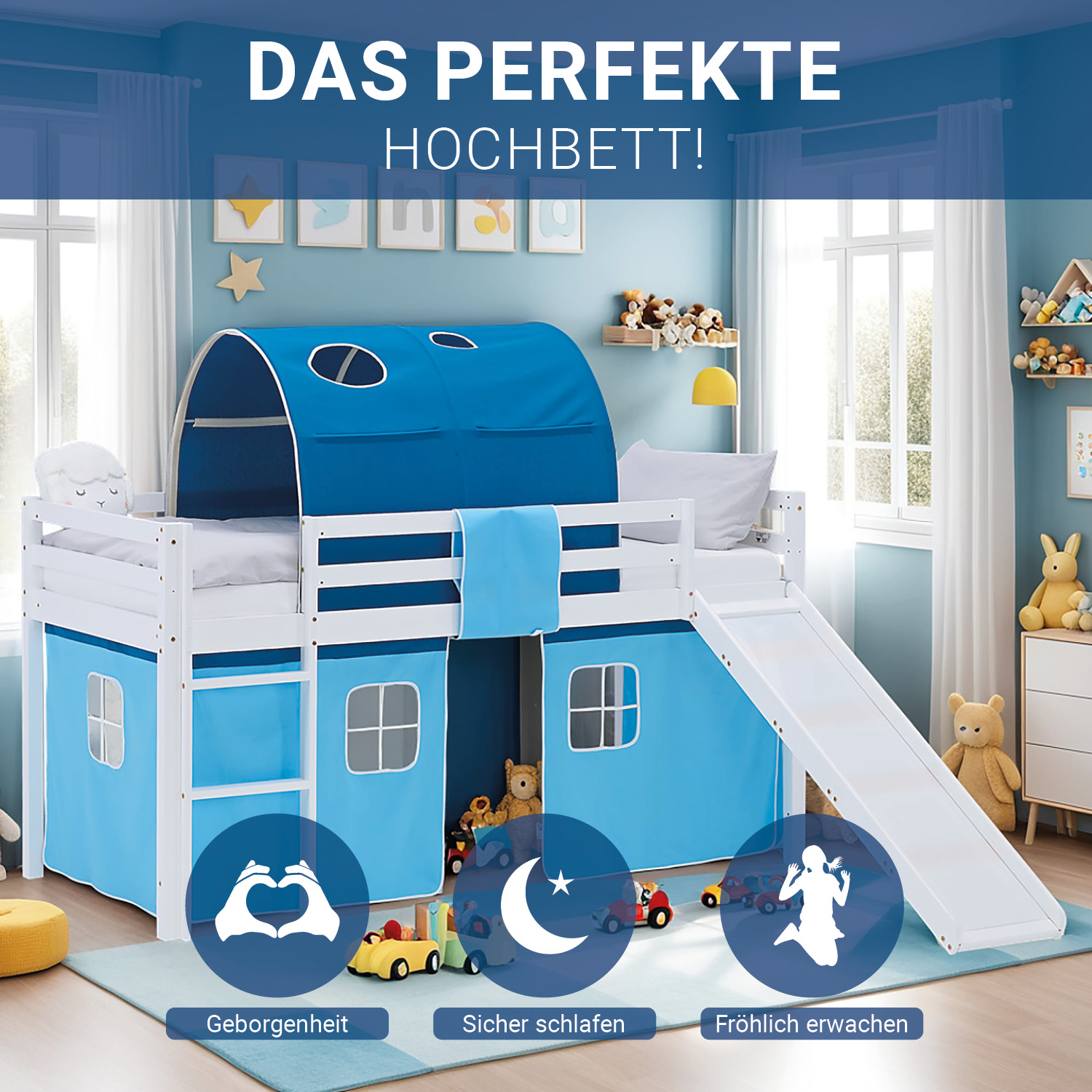 Loft Bed for Kids 90x200 cm White with Curtain & Tunnel in Blue | Slide | with Slatted Frame and Mattress