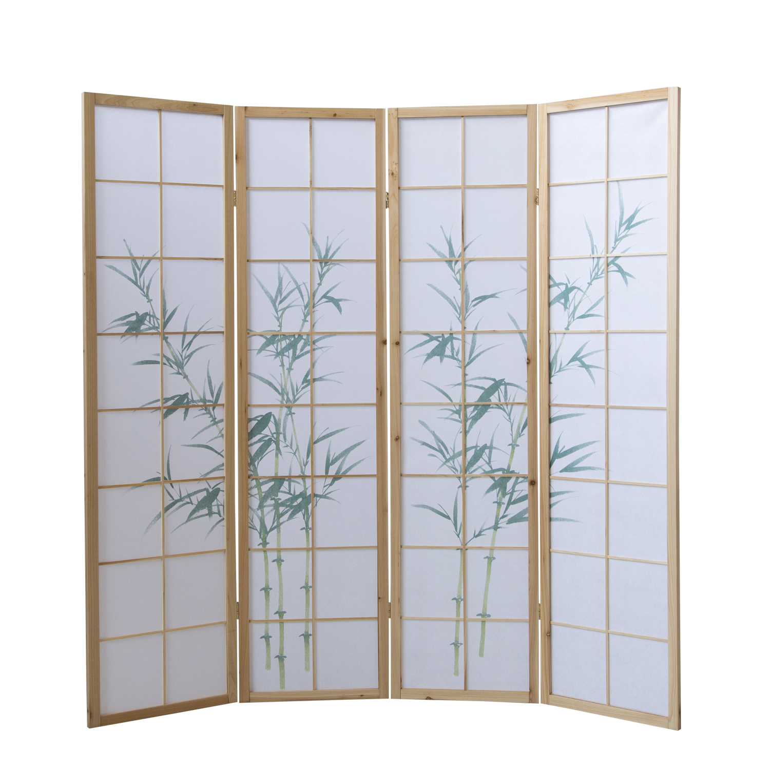 Paravent Raumteiler 4 teilig, Holz Natur, Reispapier Weiß, Bambusmuster, Höhe 175 cm	