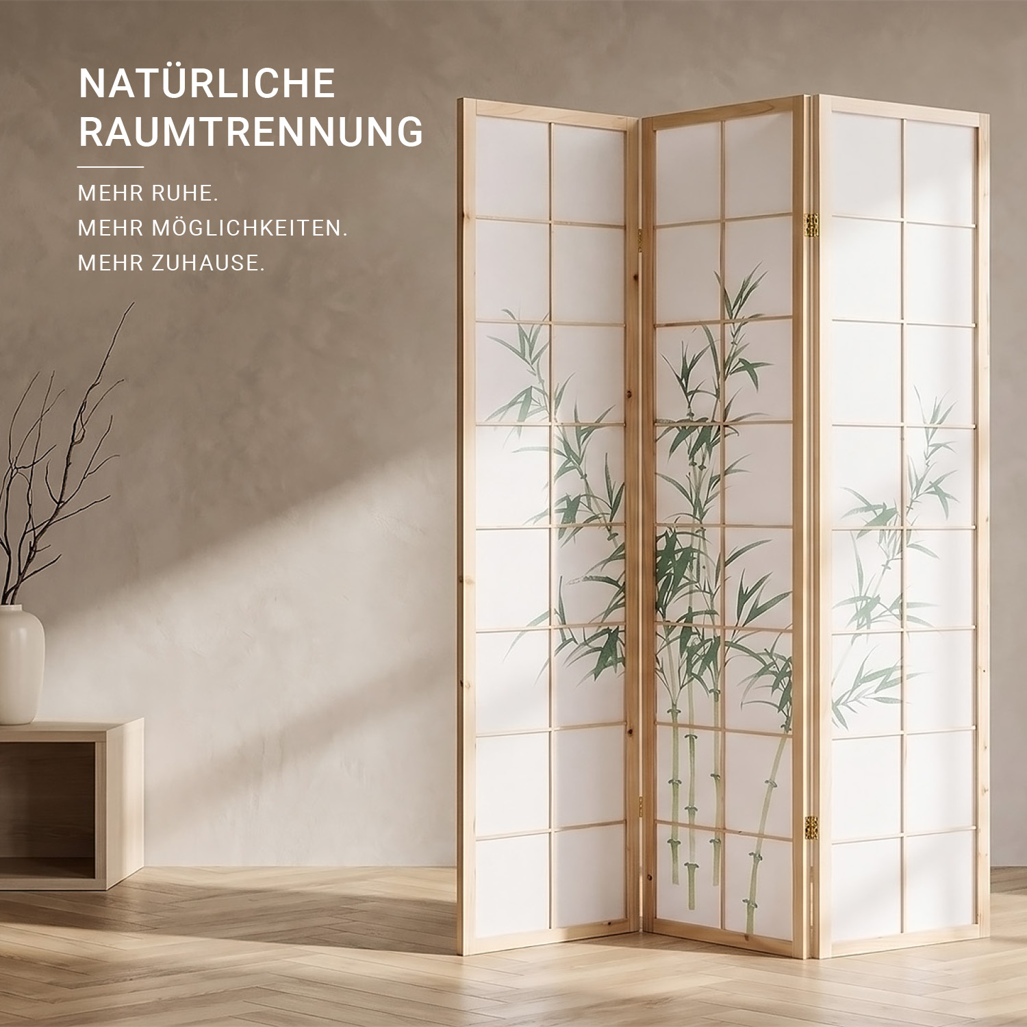 3-Panel Natural Screen – Shoji Room Divider with Bamboo Motif, Made of Wood and Rice Paper