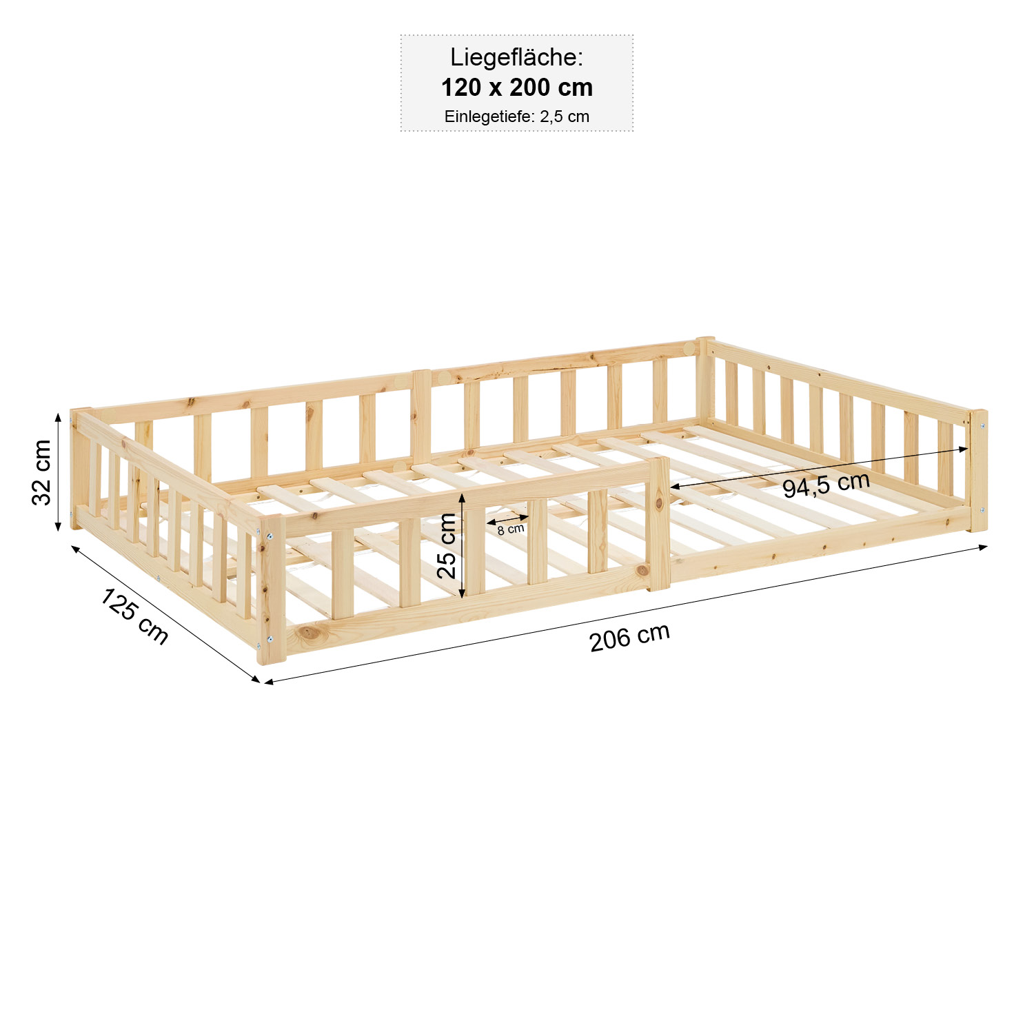 Montessori Crib 120x200 cm Natural, Includes Mattress & Slatted Base – Floor-Level Crib with Safety Rails Made of Solid Wood