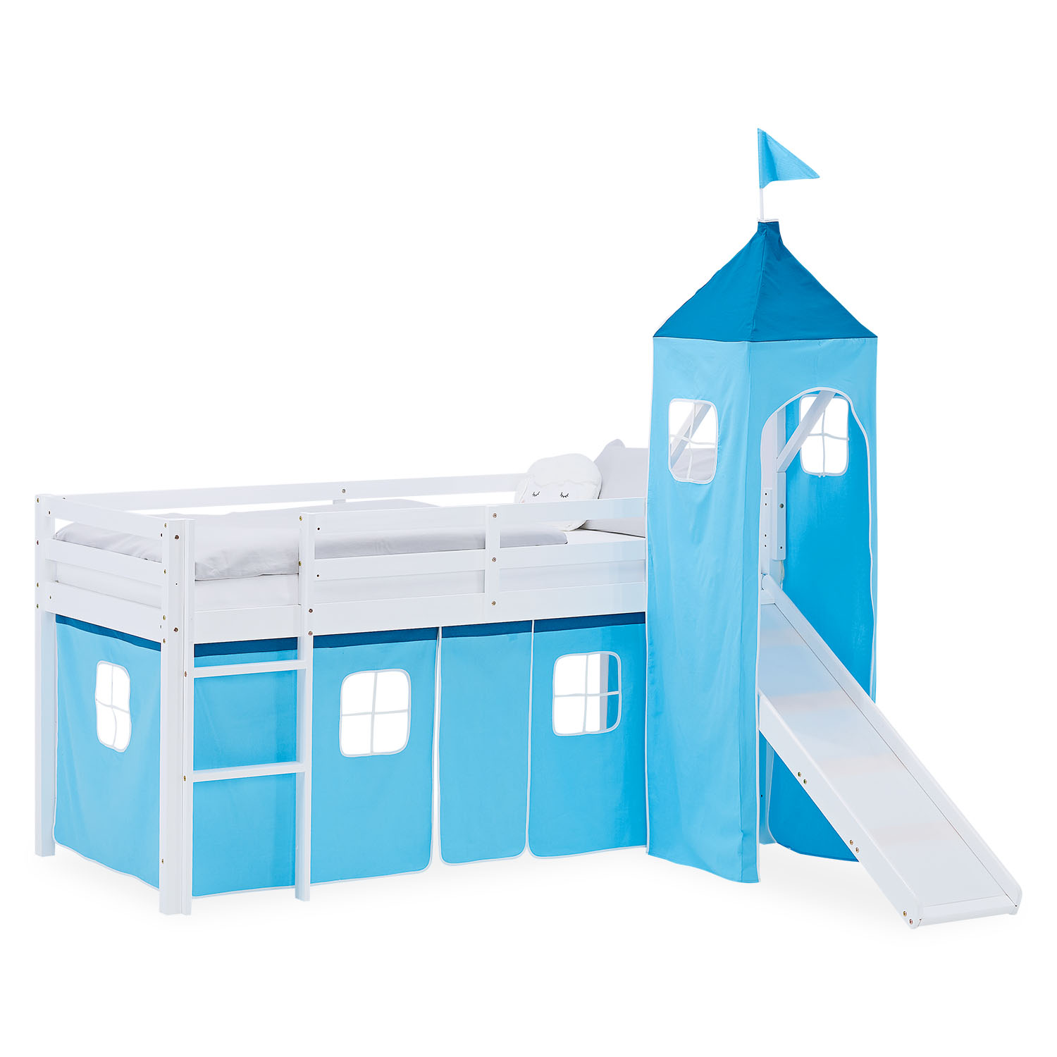 Loft Bed for Kids 90x200 cm White with Curtain in Blue | Slide | Tower | without Slatted Frame