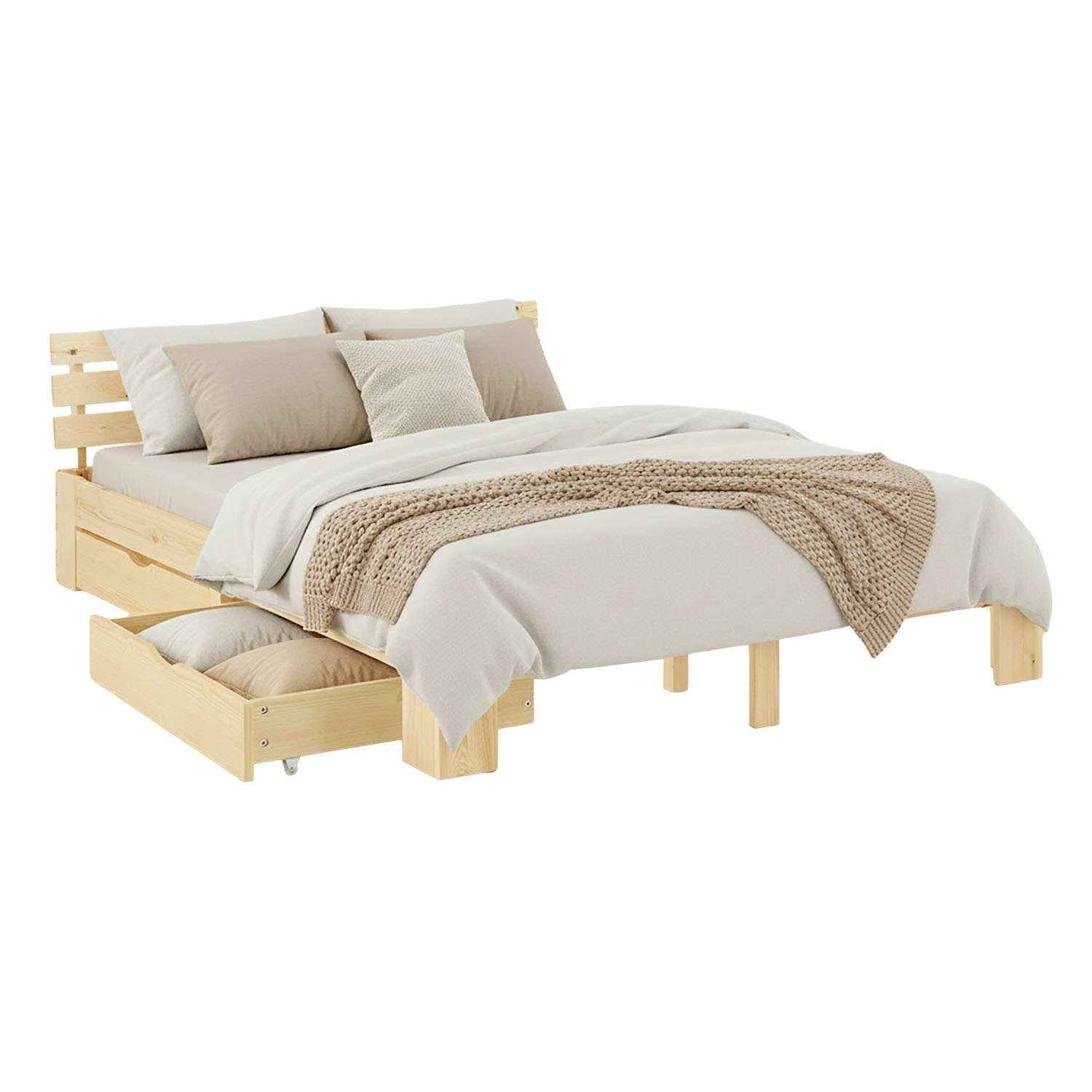 Wood Bed 140x200 cm Natural | Double Bed with Storage 2 Drawers | with Slatted Frame | Solid | Kids Youth Guest Bedroom