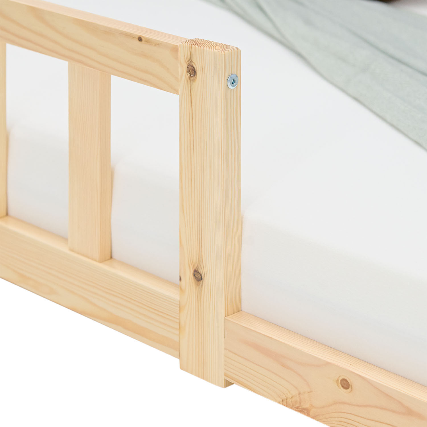 Children's Bed 90x200 Natural | Floor Bed with Mattress & Slatted Frame | with Fall Protection | Montessori