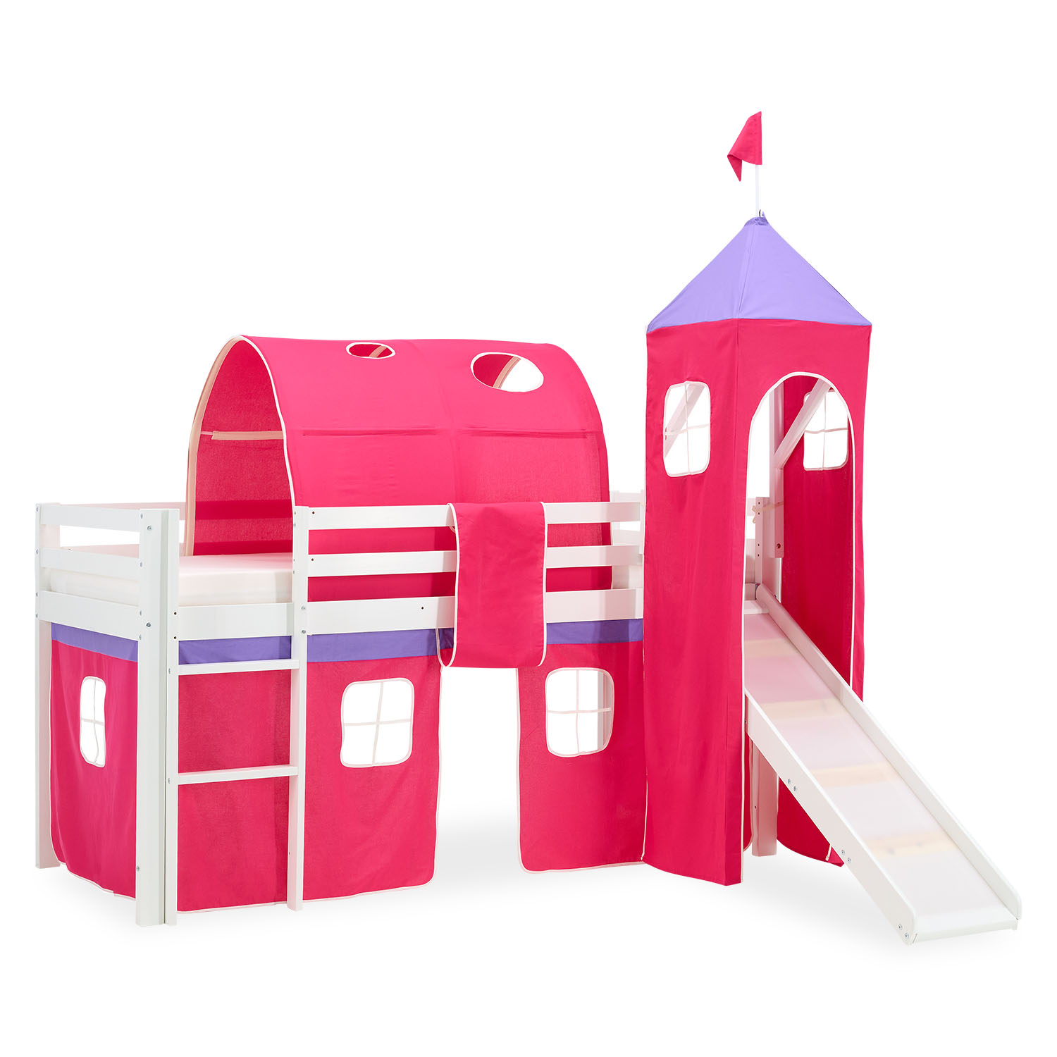 Loftbed 90x200 cm Bunk bed Childrens bed Solid Pine Wood Tower Tunnel Curtain Pink Slide Mattress Slats