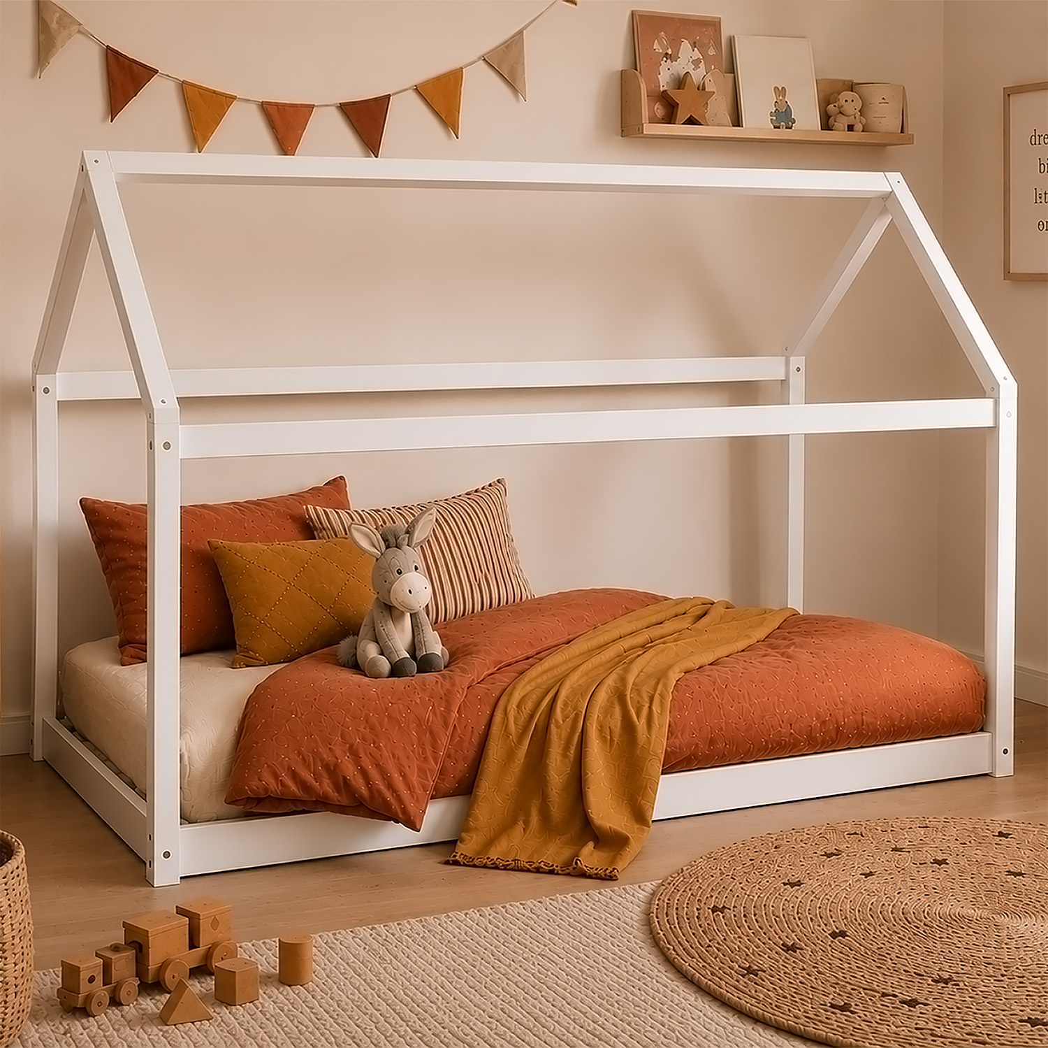 Children's Bed 90x200 cm White | House Bed | Single Bed | with Slatted Frame | Wood | Floor Bed