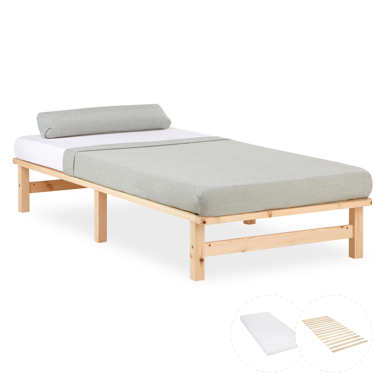 90x200 cm Natural Wooden Pallet Bed – Single Wooden Bed with Mattress & Slatted Base for Teen Rooms, Guest Rooms, and Bedrooms