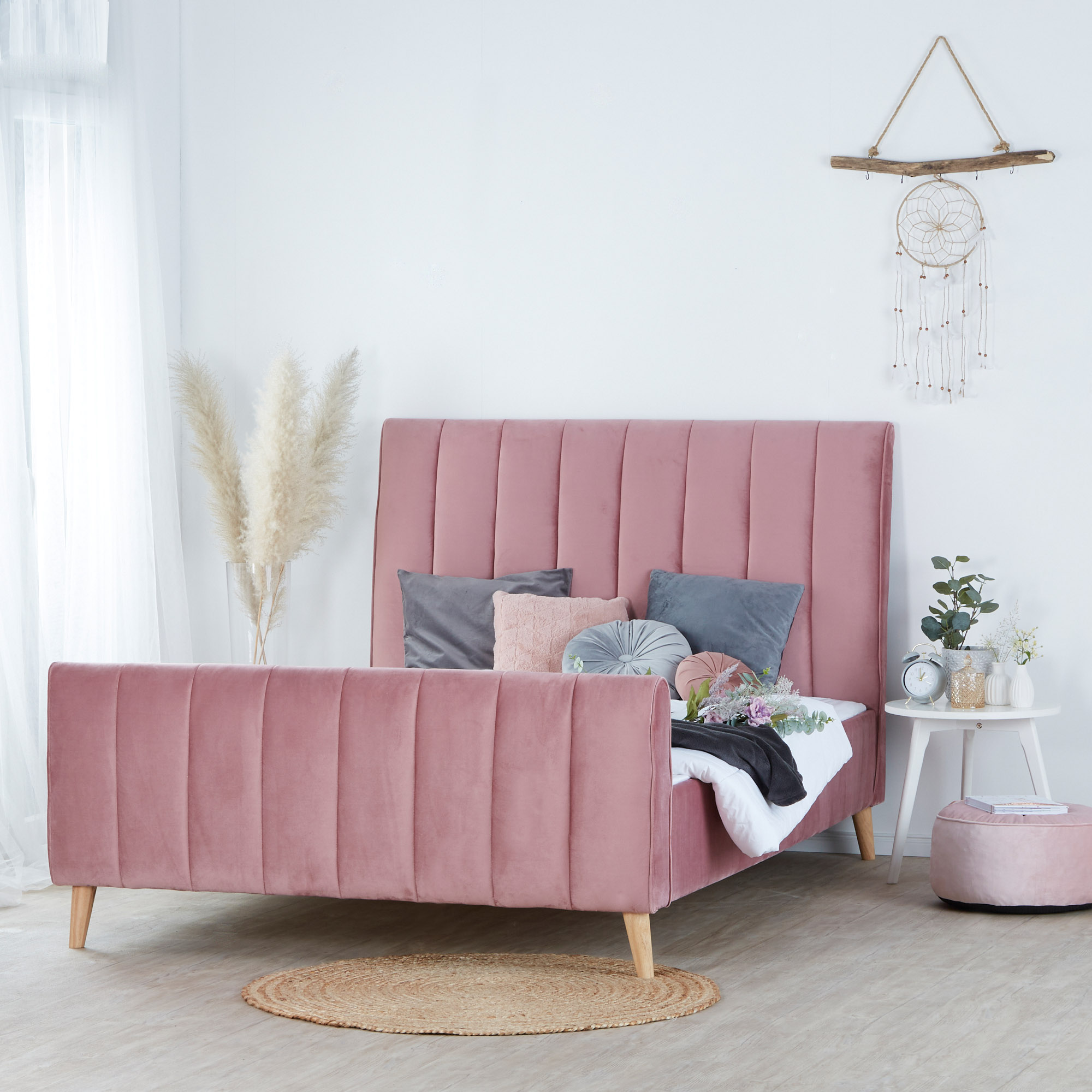 Upholstered Bed Fabric Double Bed 140x200 cm with Slatted Frame Old Pink