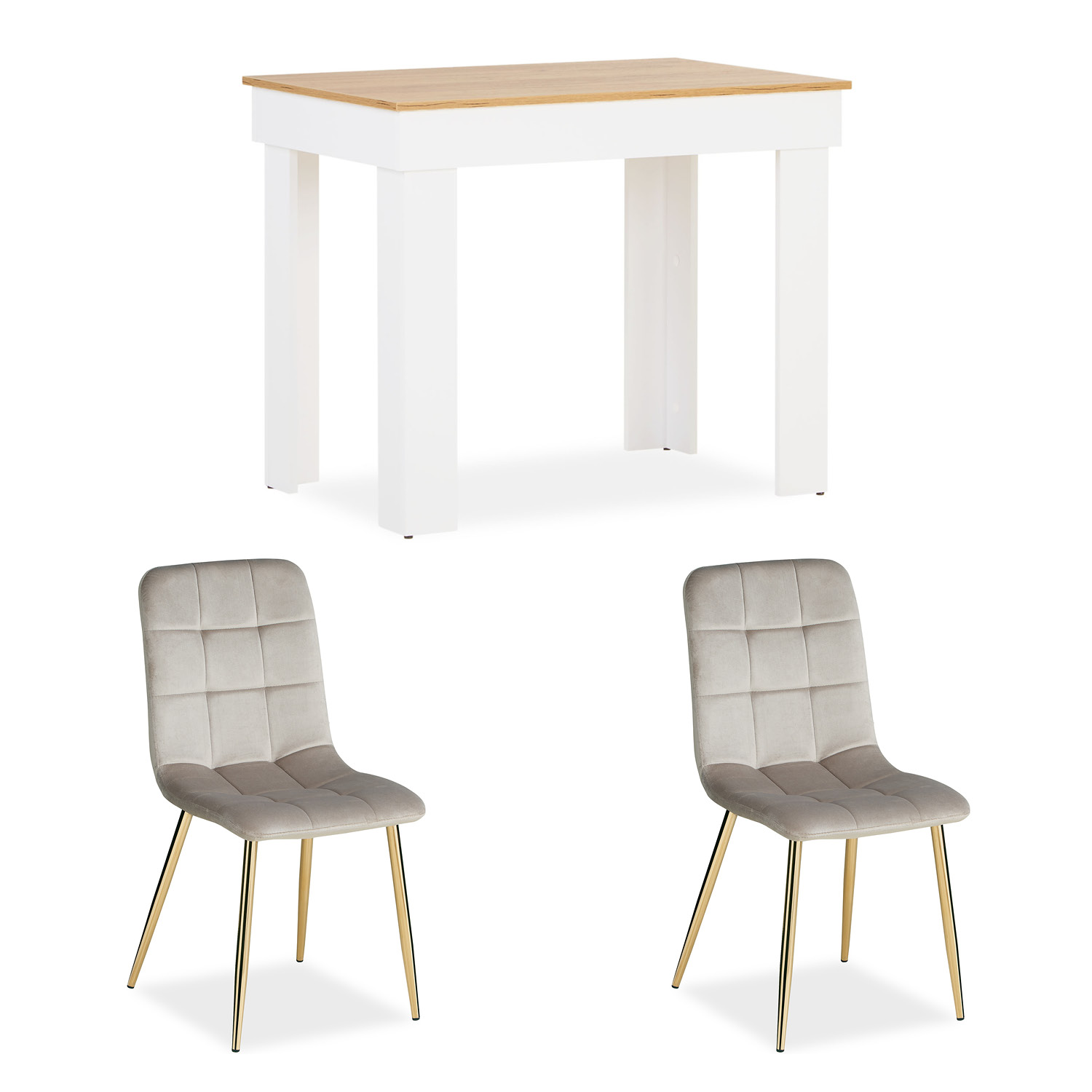 Essgruppe in Weiß und Creme mit Oberflächen in Eichenoptik und Samtbezug. Die Essgruppe mit 2 gepolsterten Stühlen ist in einem hellen Essbereich eingerichtet. Der Tisch und die Stühle sind zusammen mit Grünpflanzen und Wandschmuck zu sehen.