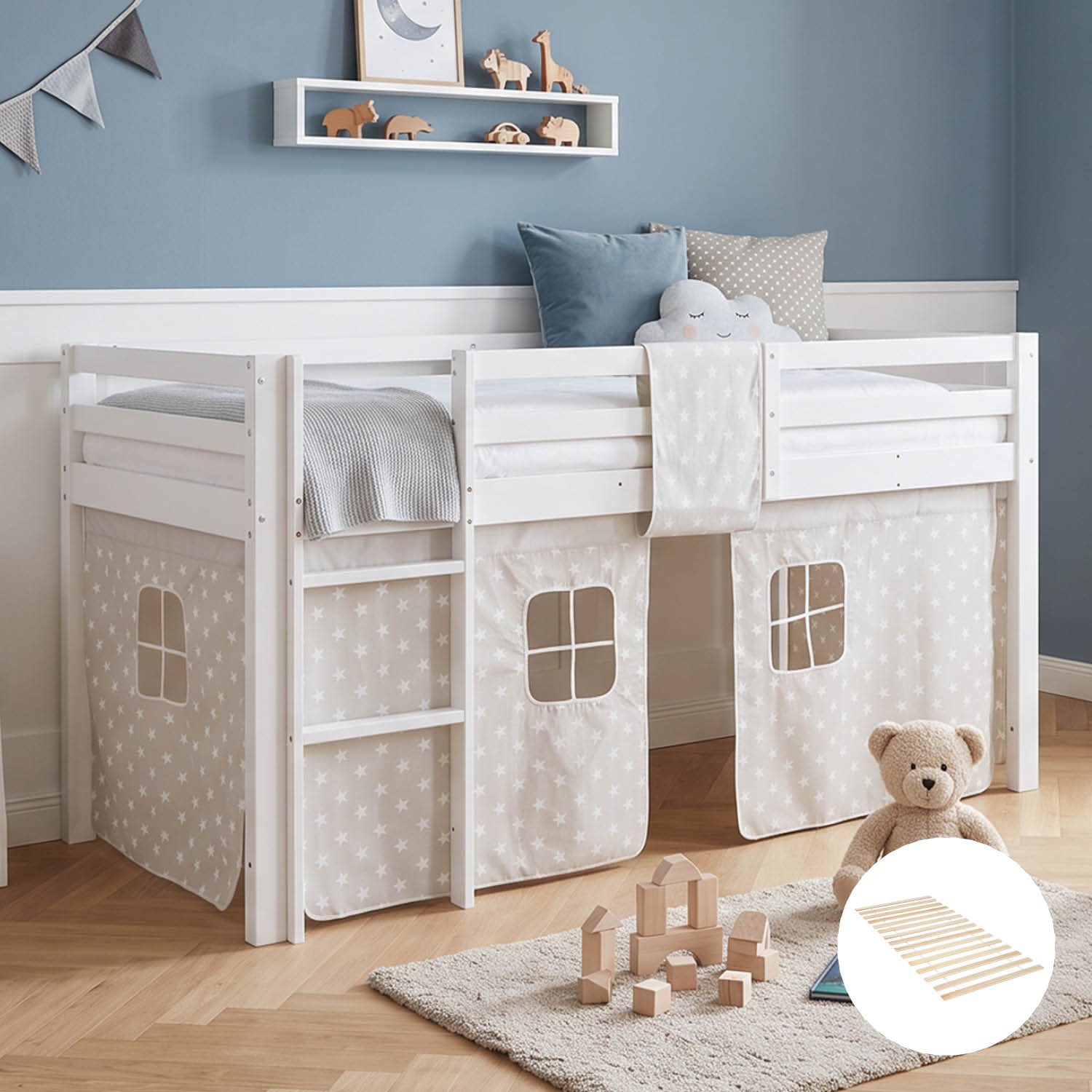 Children's Loft Bed 90x200 cm White with Star Curtain | Includes Slatted Base