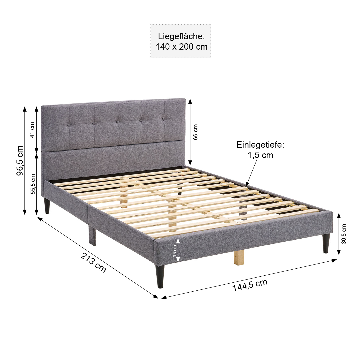 Upholstered bed 140x200 cm grey | with slatted frame | with mattress | double fabric bed frame