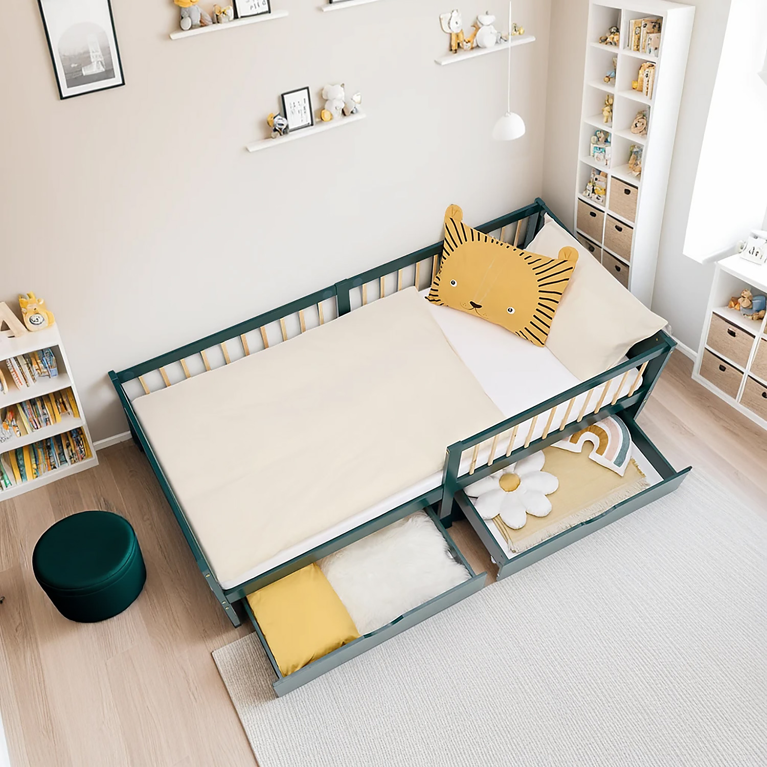 Children's Bed 90x200 cm Green | Wooden bed with mattress | Single Bed | 2 drawers | Fall Protection
