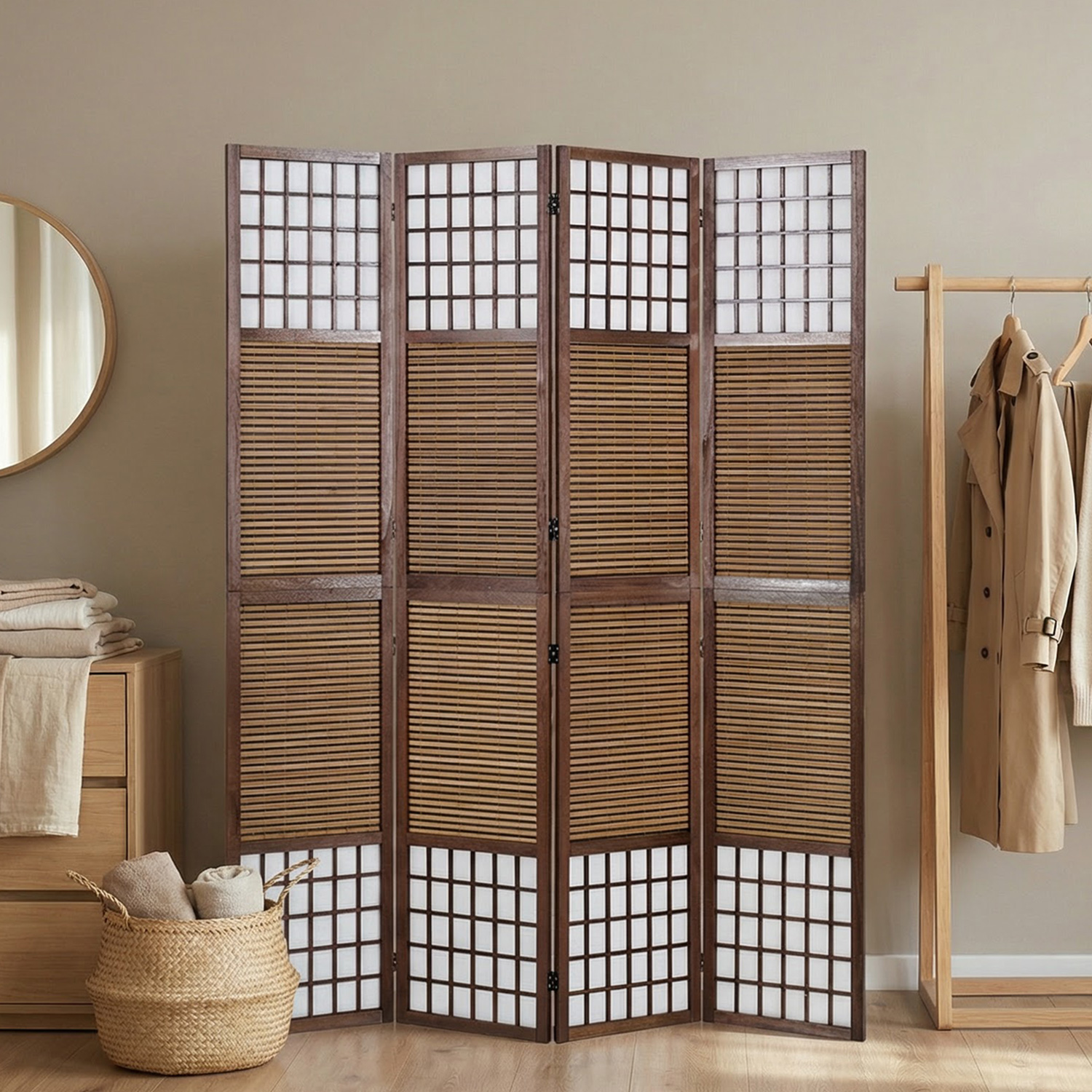 Paravent Brown Bamboo Shoji Rice Paper White Height 200 cm | 4-panel | Wood | Room Divider Partition Privacy Screen