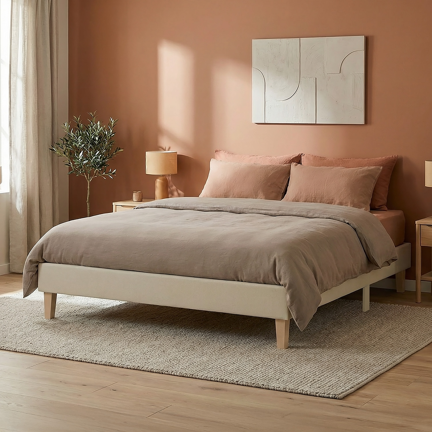 Upholstered bed 140x200 cm beige | futon bed | with slatted frame | double fabric bed frame