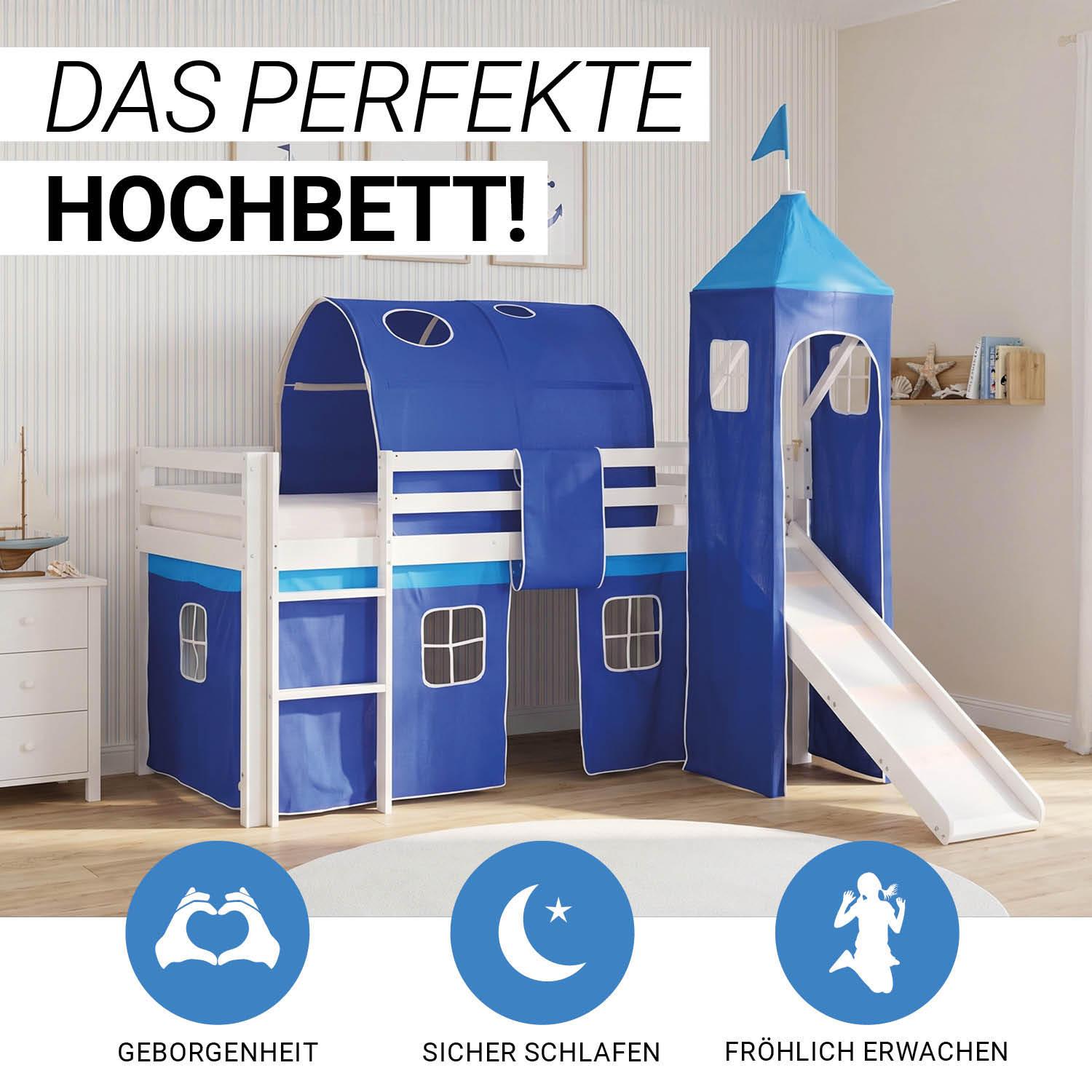 Children's Loft Bed 90x200 cm White with Blue Curtain | Tunnel | Tower | Slide | with Slatted Base