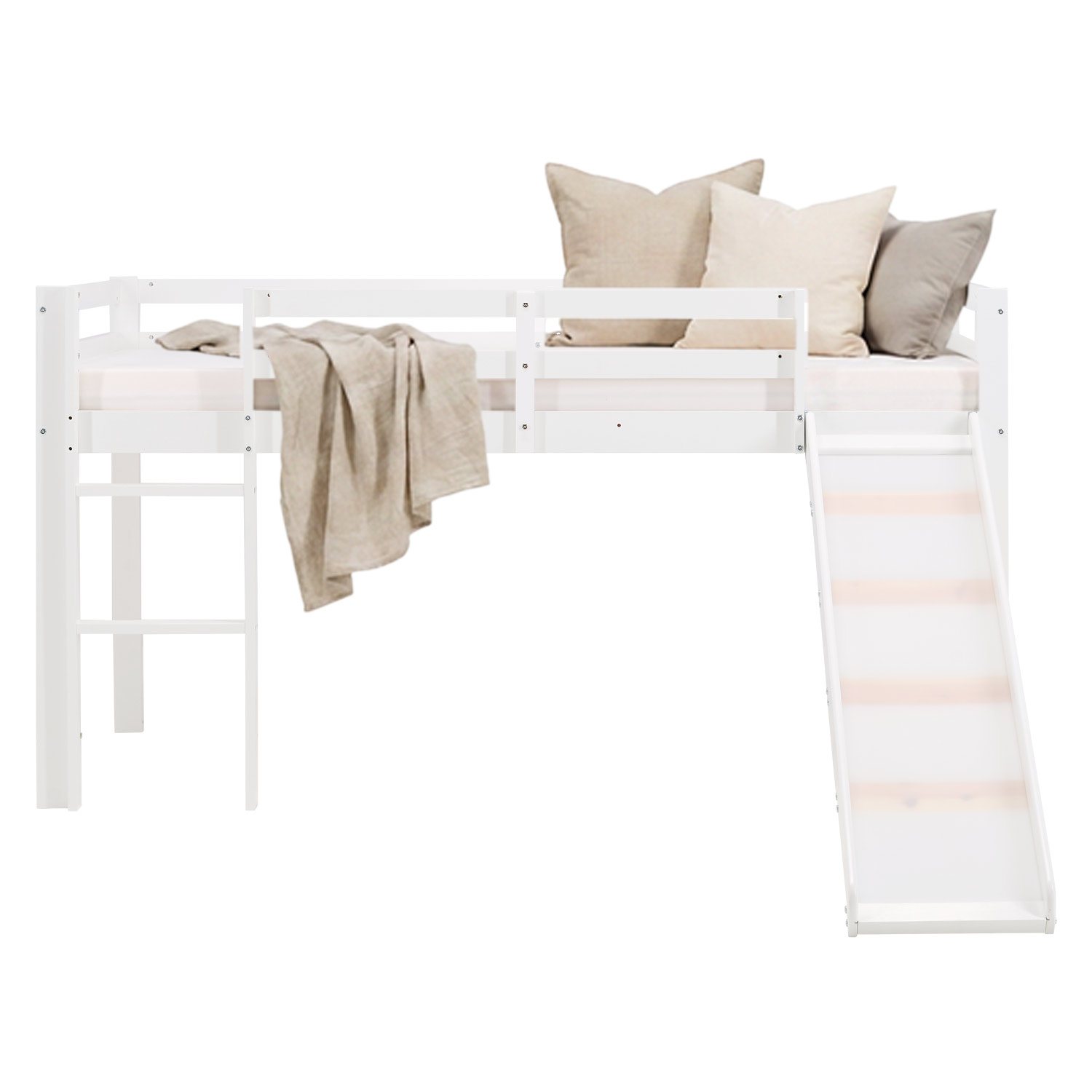 Loft Bed with Slats, Ladder and Slide 90x200 cm Children's Bed Bunk Bed High Sleeper Wood White