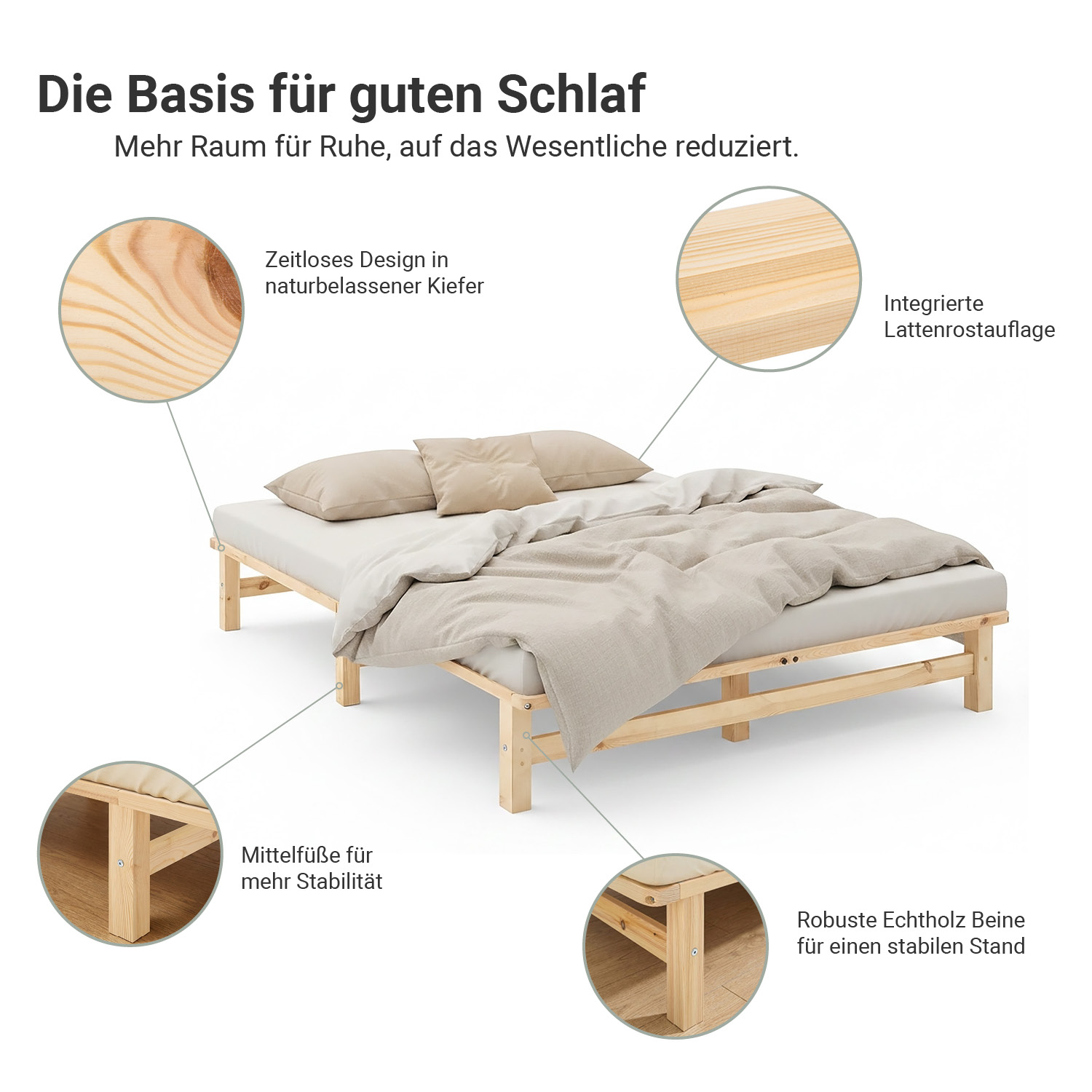 160x200 cm Natural Pallet Bed – Wooden Double Bed with Slatted Base for Teen Rooms, Guest Rooms, and Bedrooms