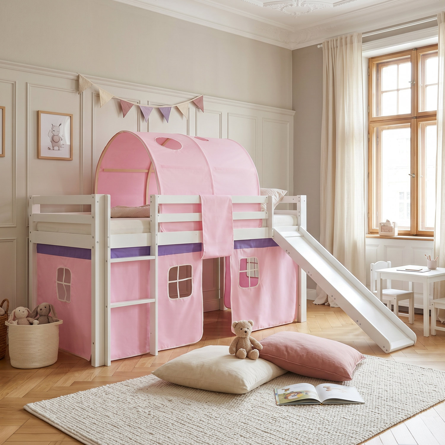 Children's Loft Bed 90x200 cm White with Pink Curtain | Slide | Tunnel | Includes Slatted Base | Includes Mattress