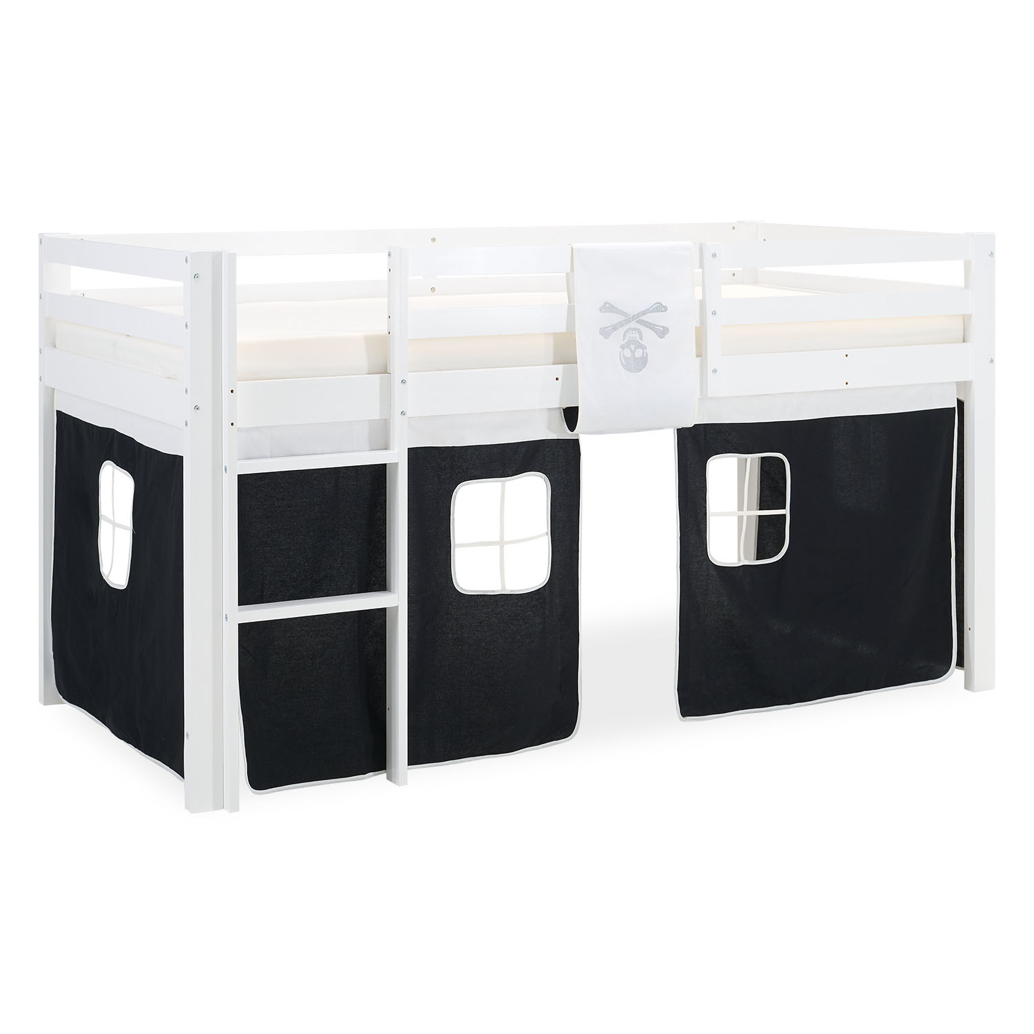 Children's loft bed, 90x200 cm, white with black curtain | includes slatted base