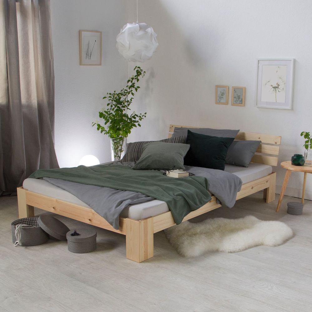 Wood Bed 160x200 cm Natural | Double Bed | with Slatted Frame | Solid | Kids Youth Guest Bedroom