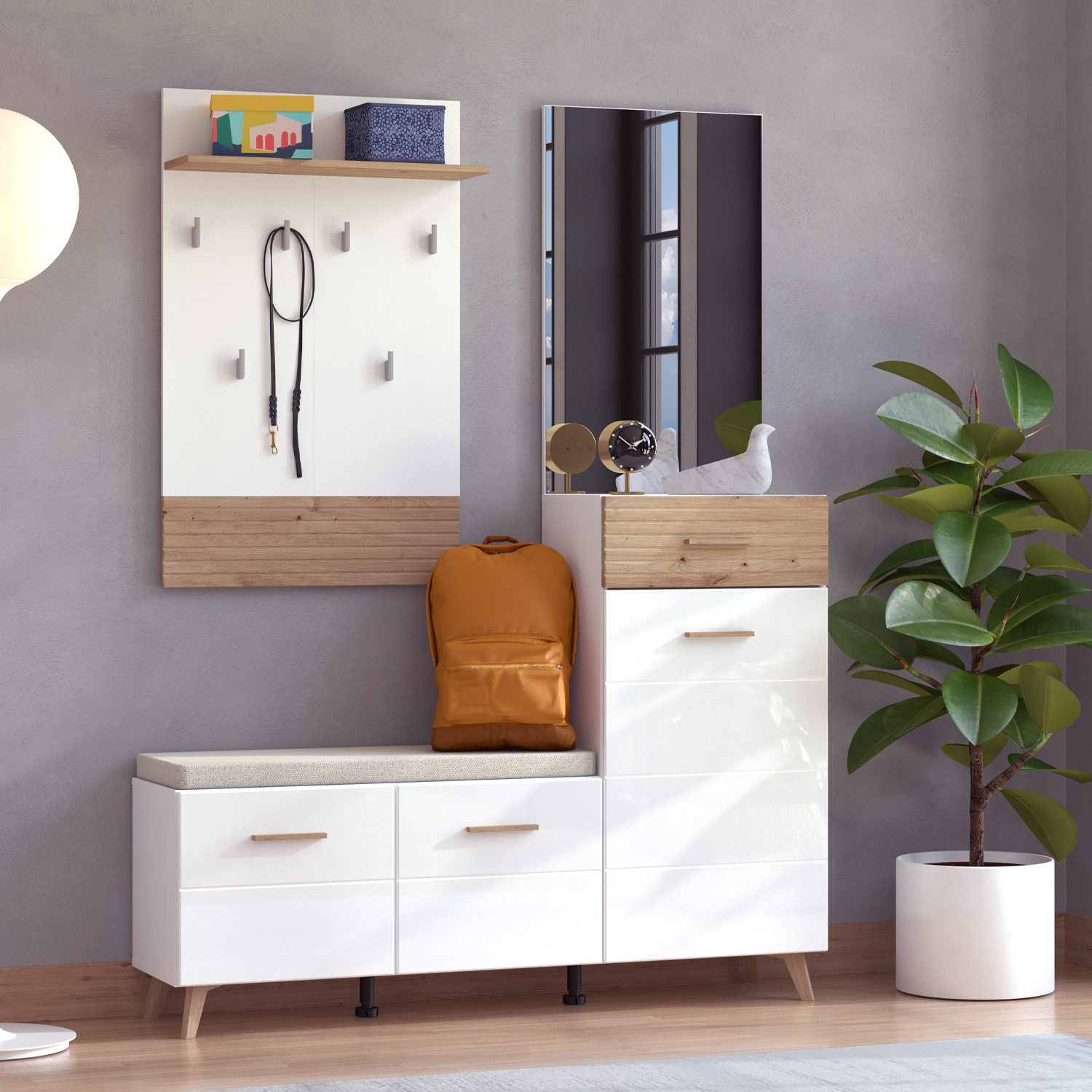 Wardrobe Hallway Furniture 3 Piece Set Hall Unit Hallway Wardrobe White Oak Wood