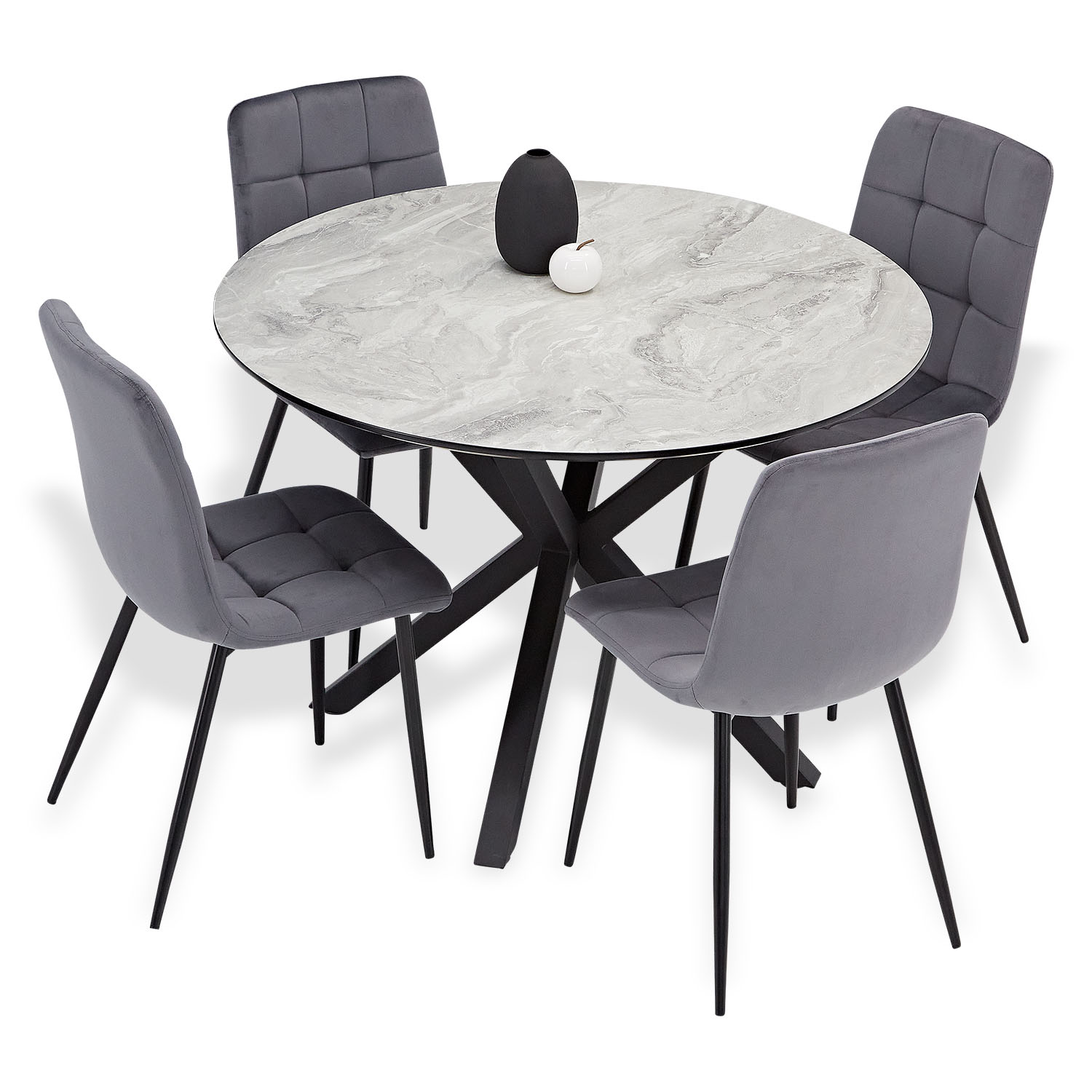 Dining set | 4-piece set upholstered chairs grey | dining table grey black metal frame round 110 cm