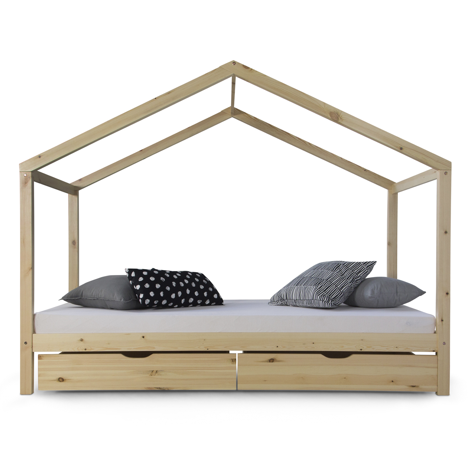 Children's Bed with mattress 90x200 House Bed Kids Bed Wooden Bed Natur Cot Drawer