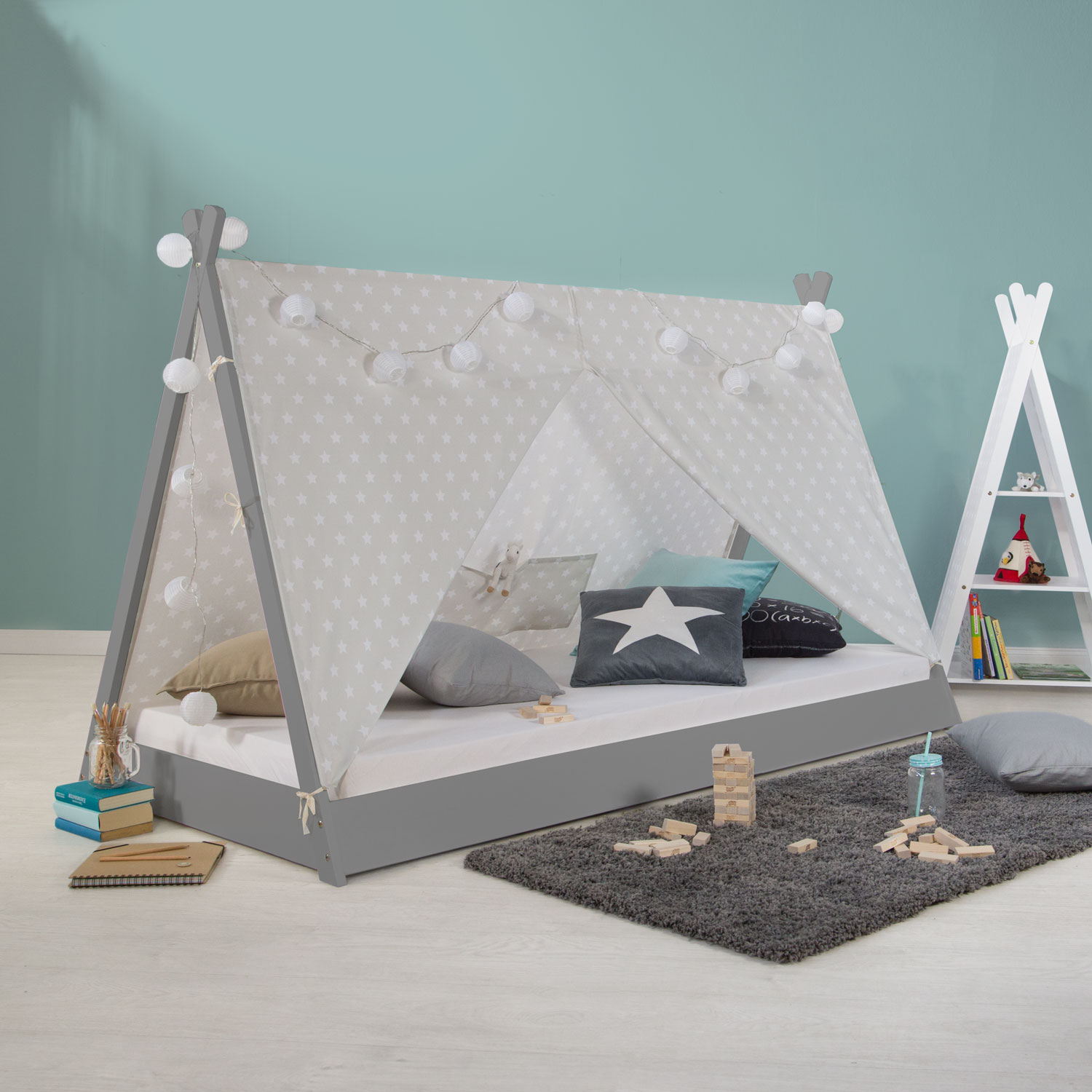 Children bed tipi with mattress tent bed 90x200 youth bed grey canvas stars