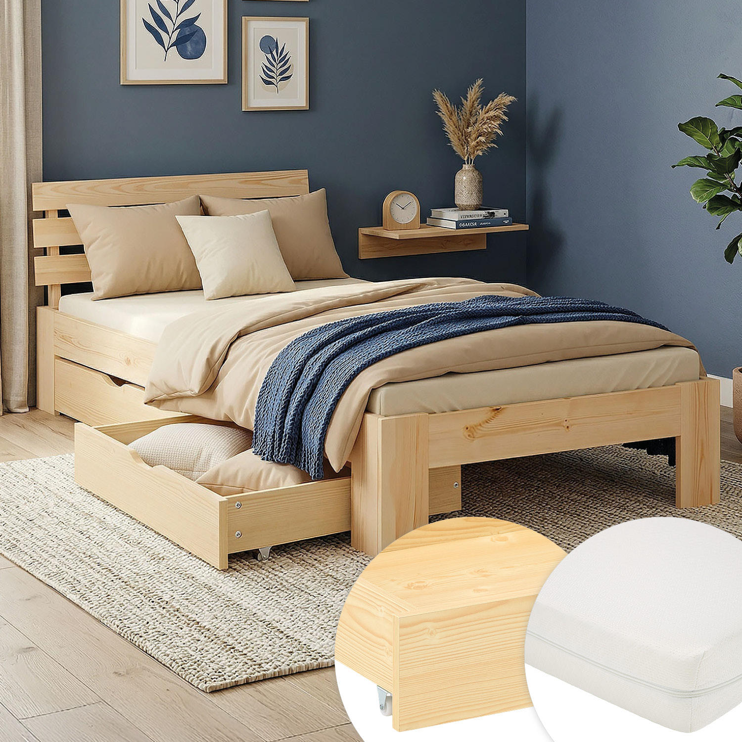 Wood Bed 90x200 cm Natural | Single Bed | with Mattress | 2 Drawers | Kids Youth Guest Bedroom