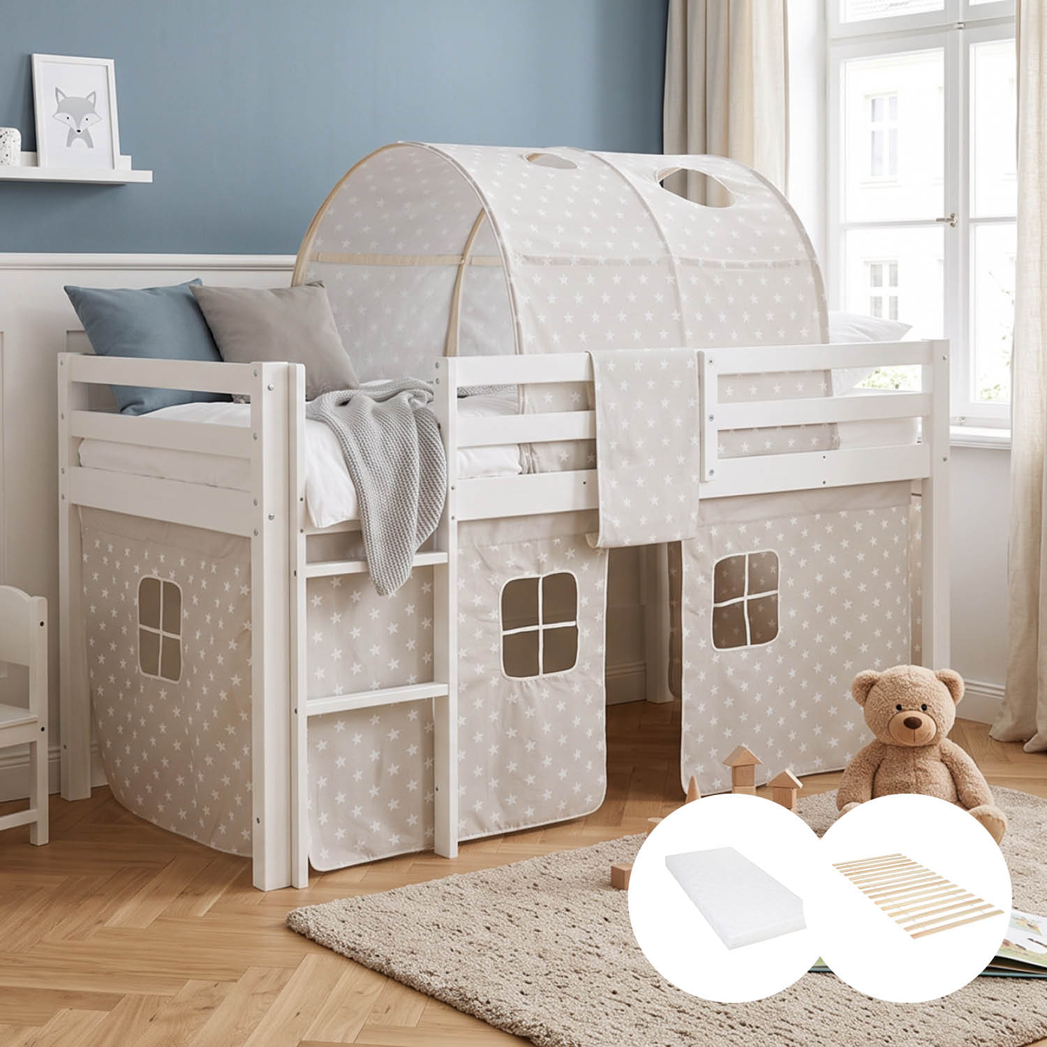 Children's Loft Bed 90x200 cm White with Star Curtain | Tunnel | with Slatted Base | with Mattress