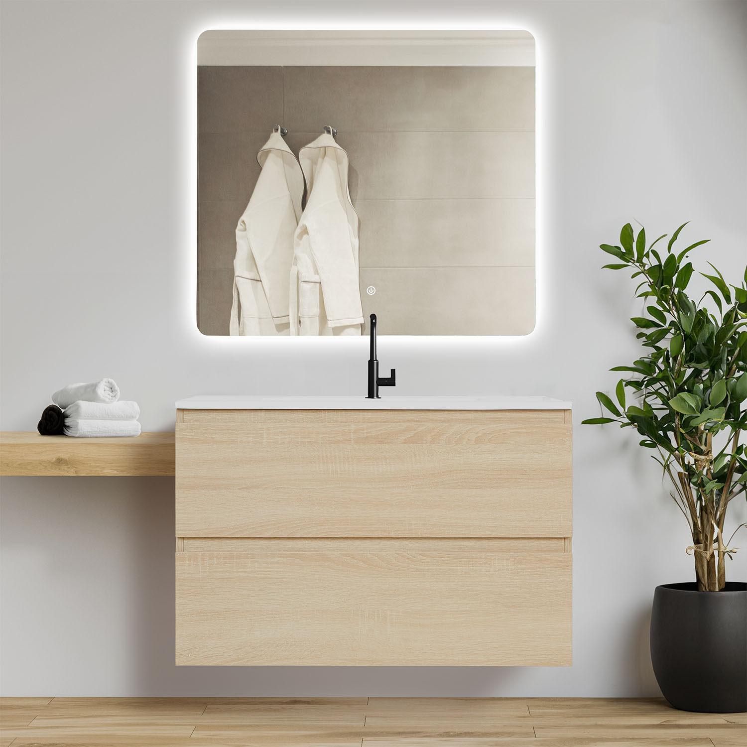 Bathroom cabinet 80 cm Natural Wood Oak Storage Vanity unit Bathroom furniture Sink unit Washroom wall cabinet 