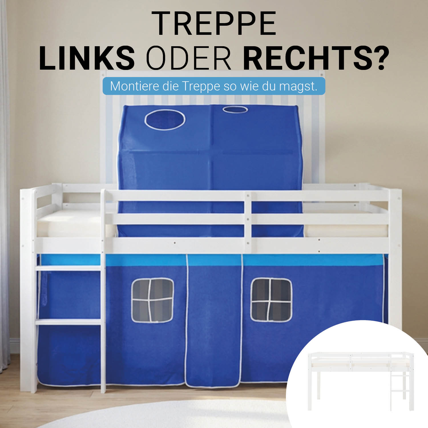 Children's Loft Bed 90x200 cm White with Blue Curtain | Tunnel | with Slatted Base | with Mattress